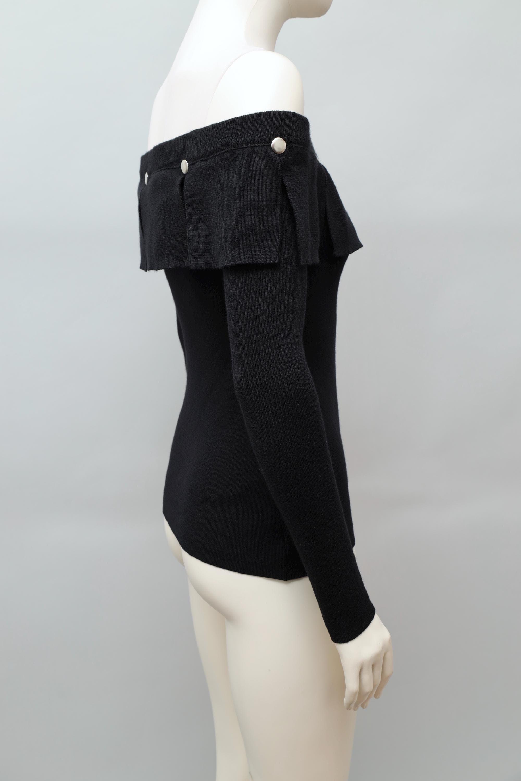 1980s Dorothée Bis black off shoulder riveted panel wool top