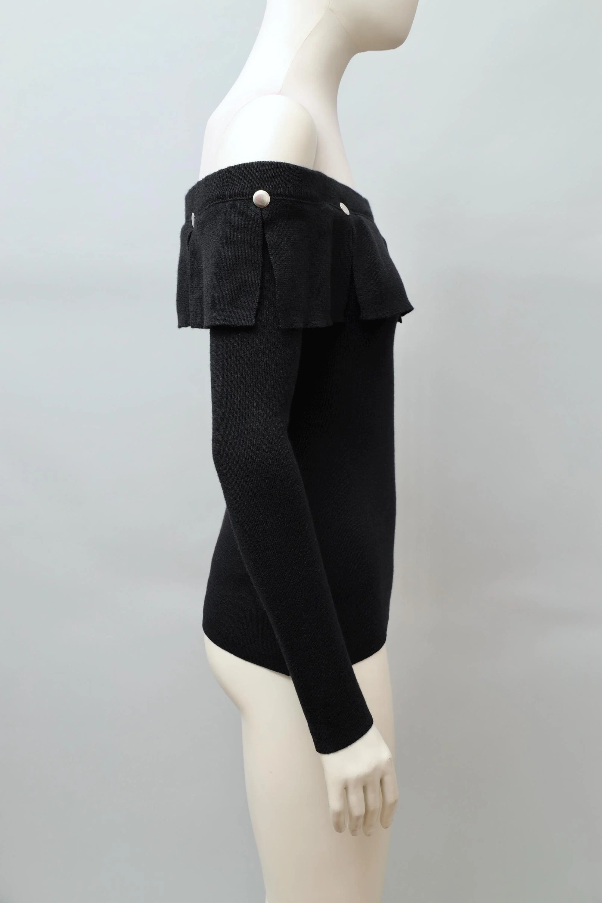 1980s Dorothée Bis black off shoulder riveted panel wool top