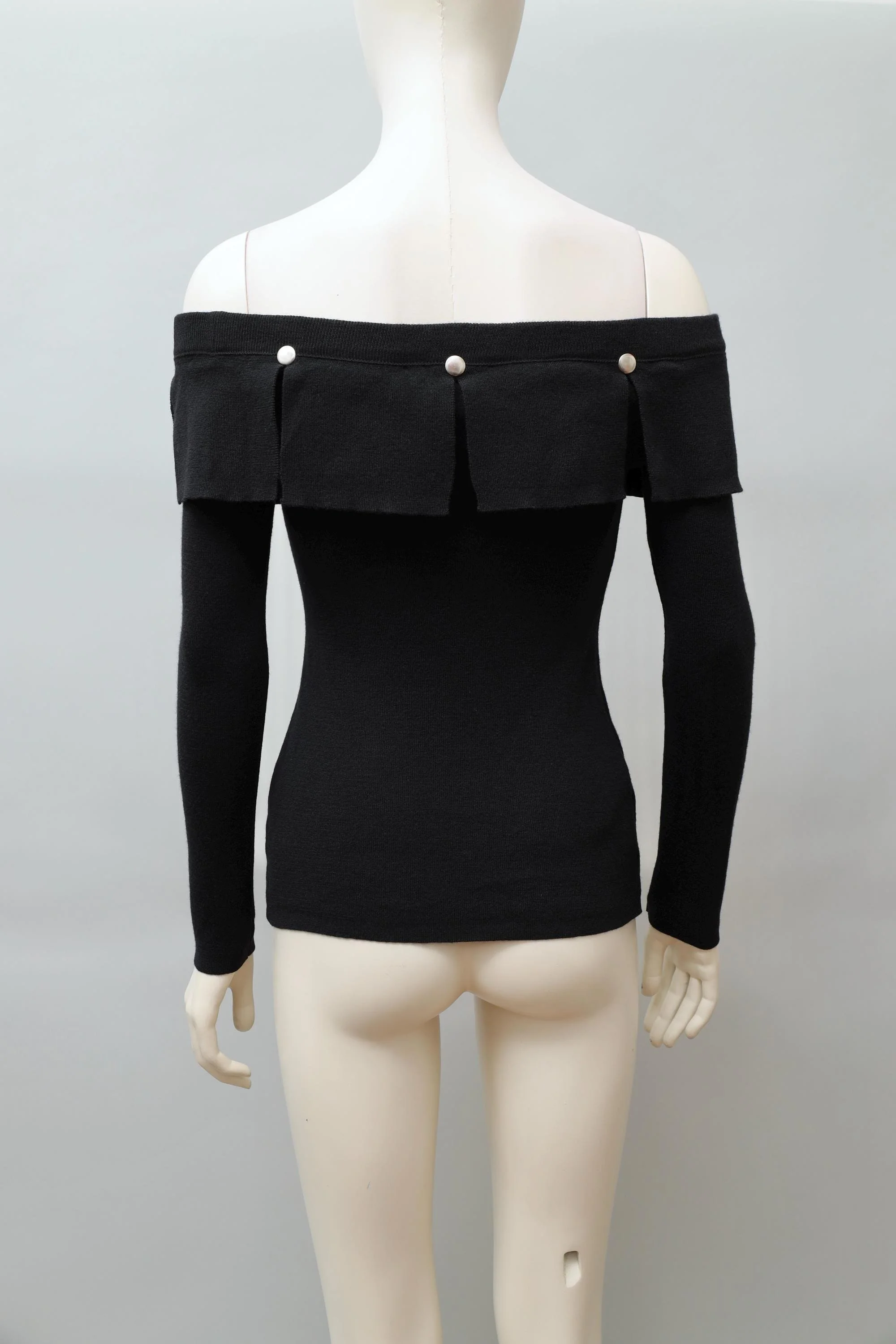 1980s Dorothée Bis black off shoulder riveted panel wool top