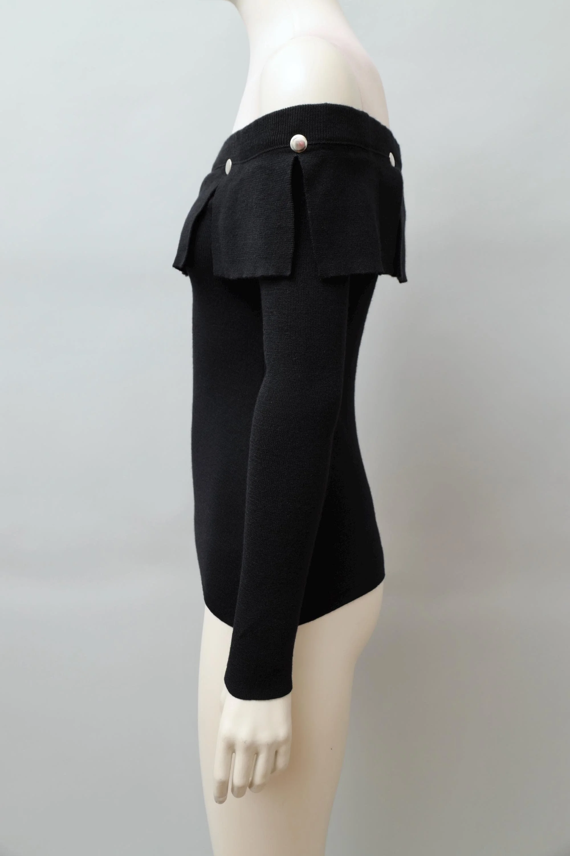 1980s Dorothée Bis black off shoulder riveted panel wool top