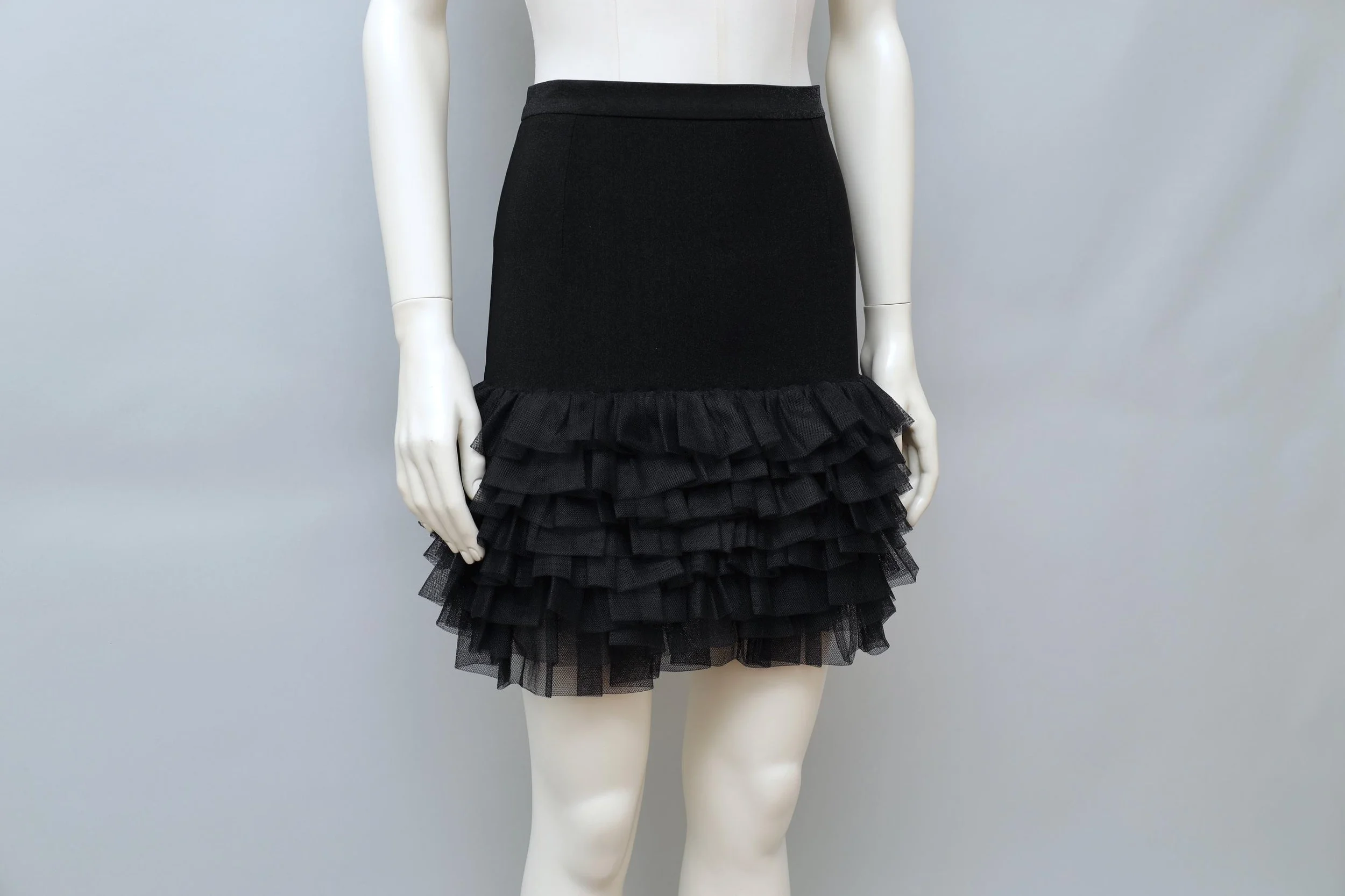 1990s Lolita Lempicka metallic black tiered tulle hem mini skirt