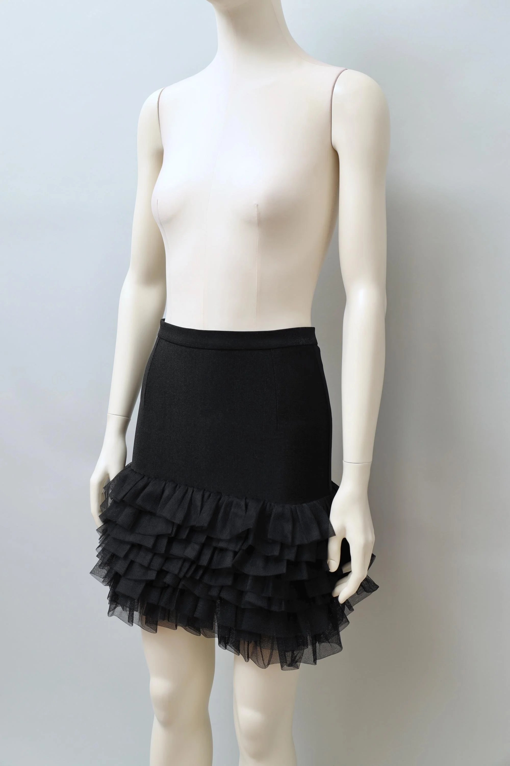 1990s Lolita Lempicka metallic black tiered tulle hem mini skirt