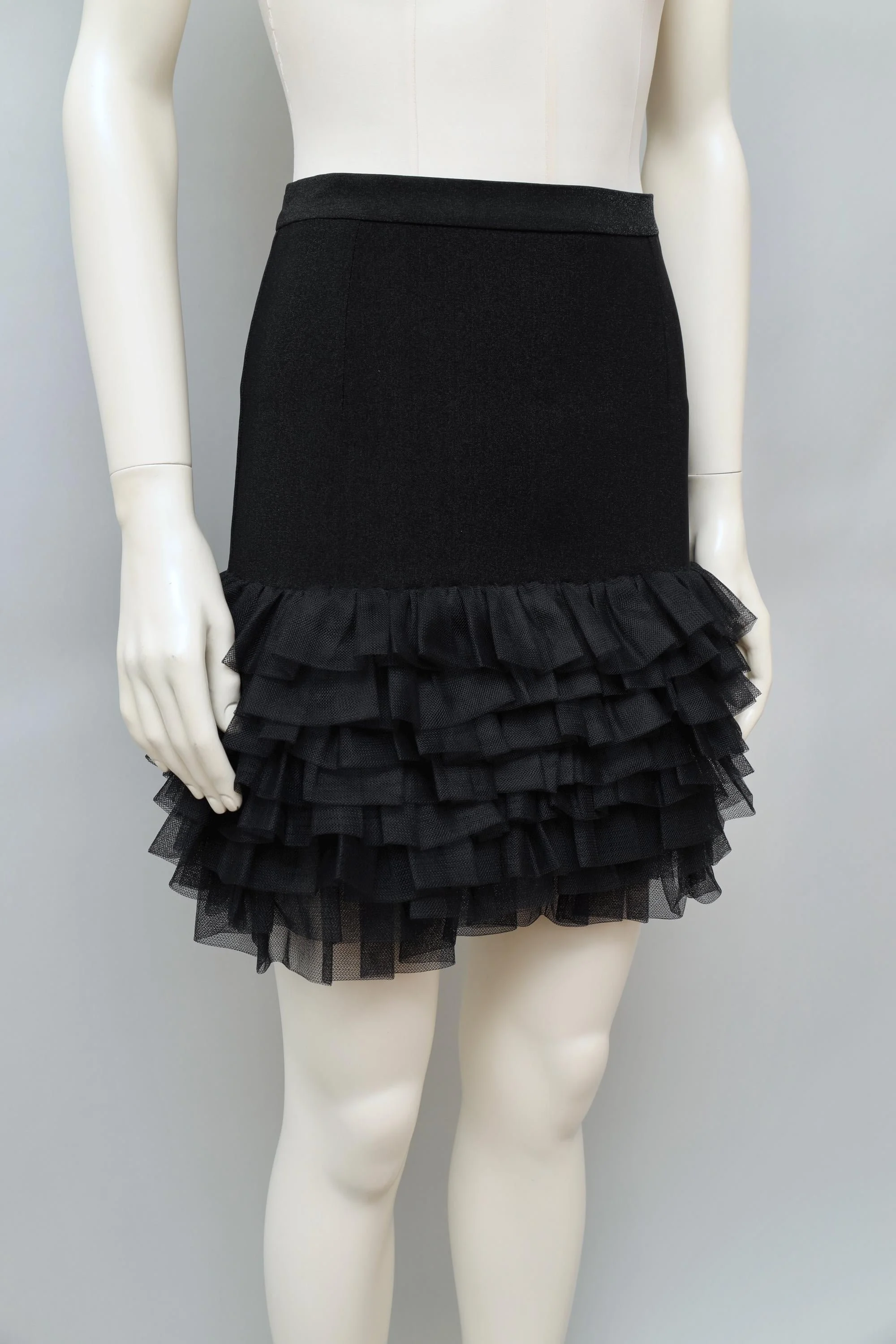1990s Lolita Lempicka metallic black tiered tulle hem mini skirt
