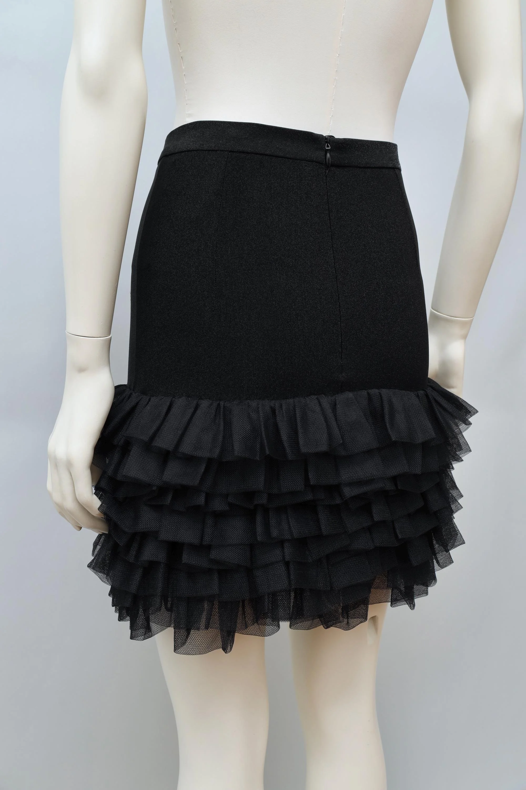 1990s Lolita Lempicka metallic black tiered tulle hem mini skirt