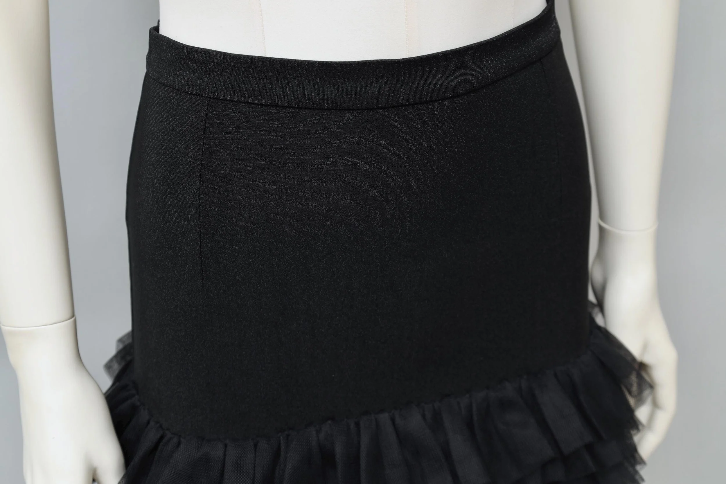 1990s Lolita Lempicka metallic black tiered tulle hem mini skirt waist