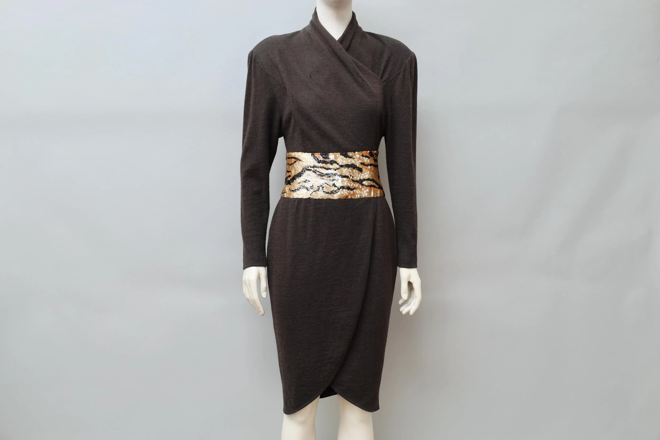 1980s Angelo Tarlazzi tiger sequin brown wool dress