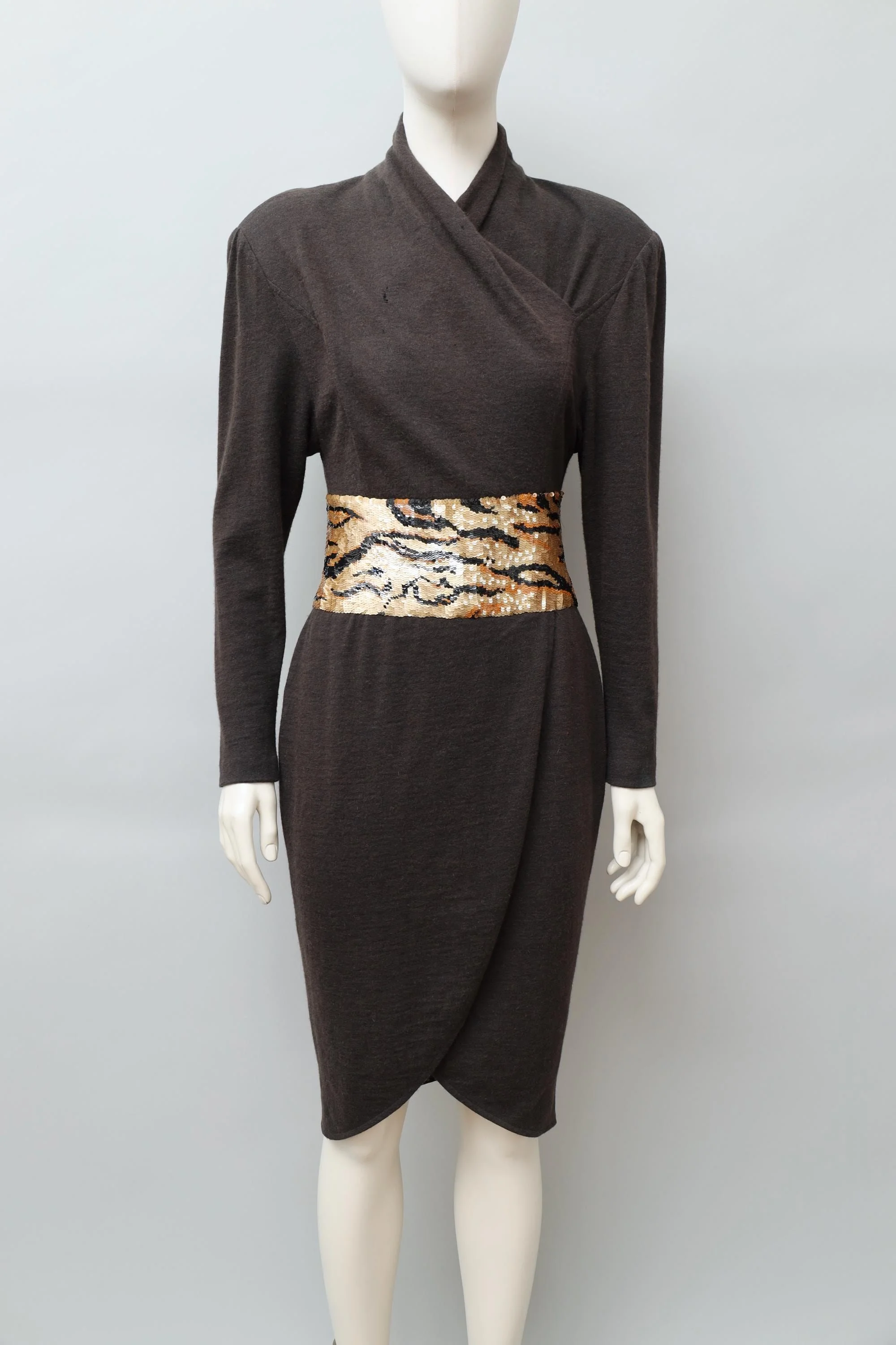 1980s Angelo Tarlazzi tiger sequin brown wool dress