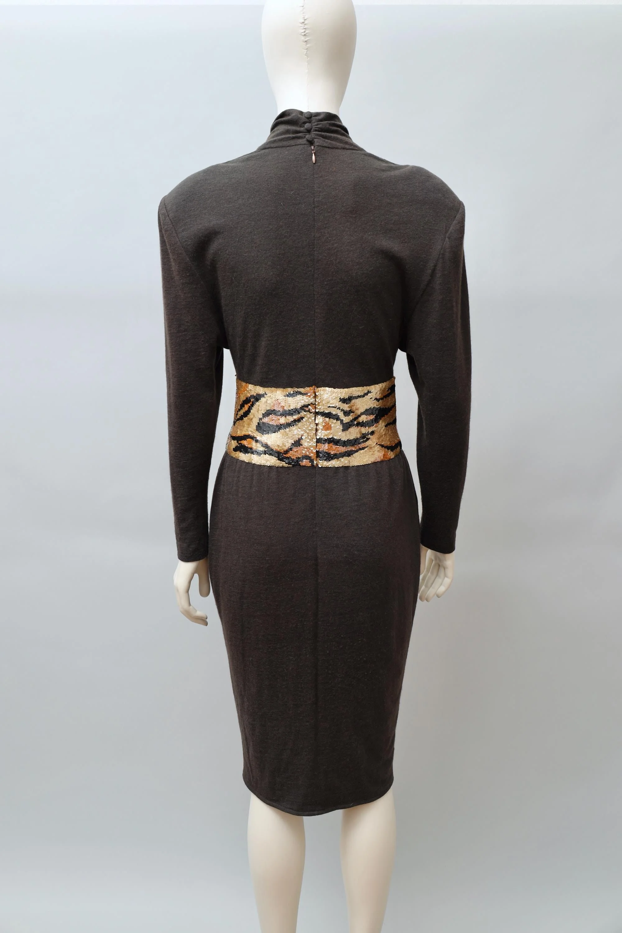 1980s Angelo Tarlazzi tiger sequin brown wool dress