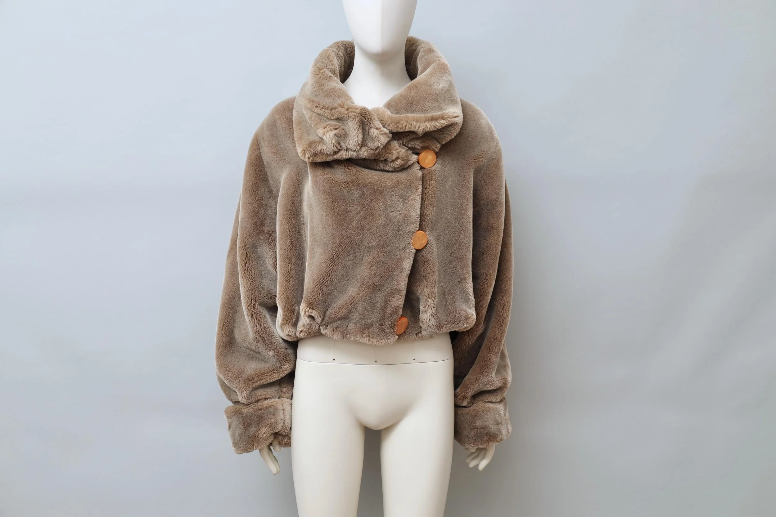 1990s Tyber taupe faux fur cropped jacket with resin buttons