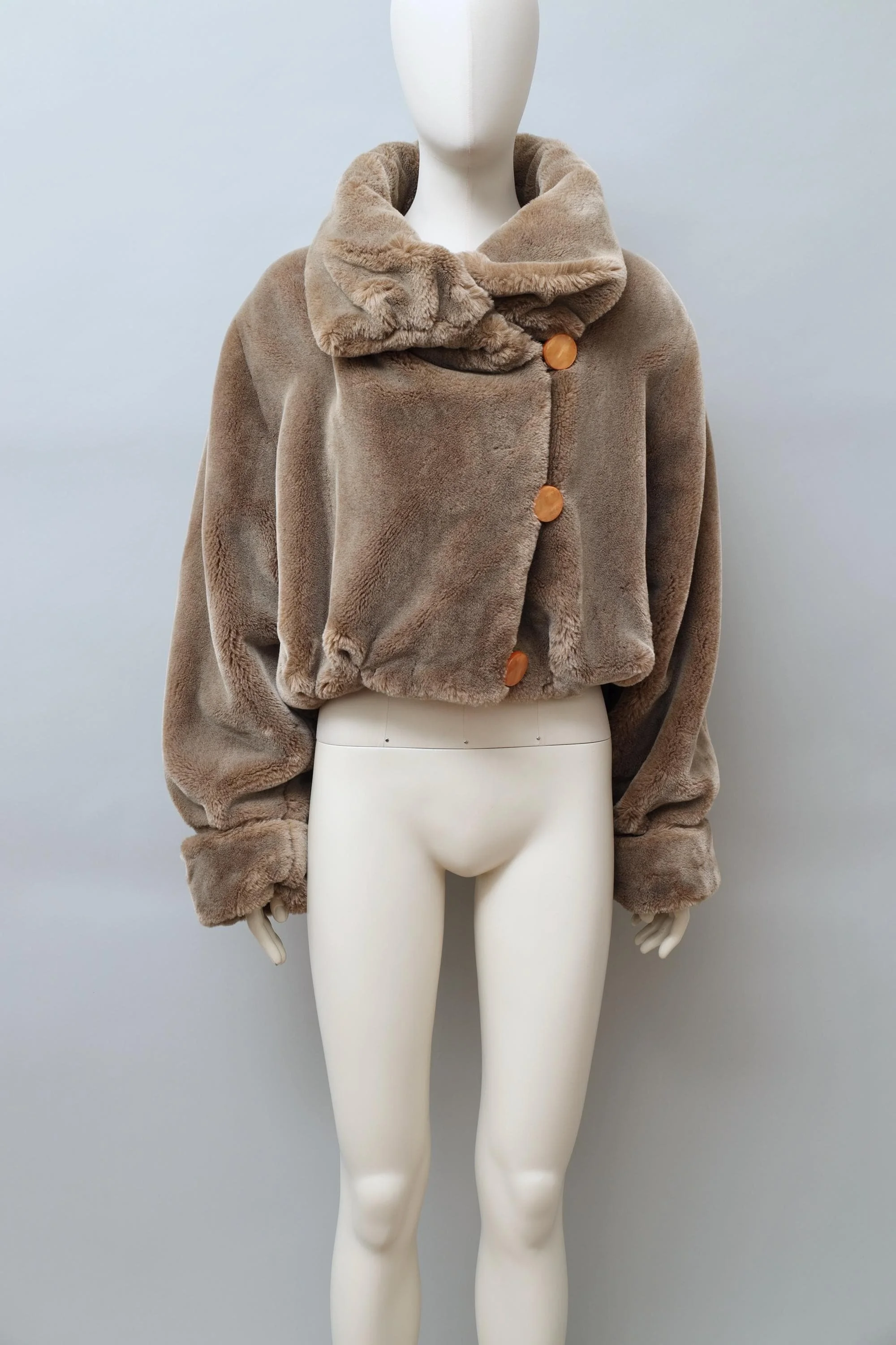1990s Tyber taupe faux fur cropped jacket with resin buttons