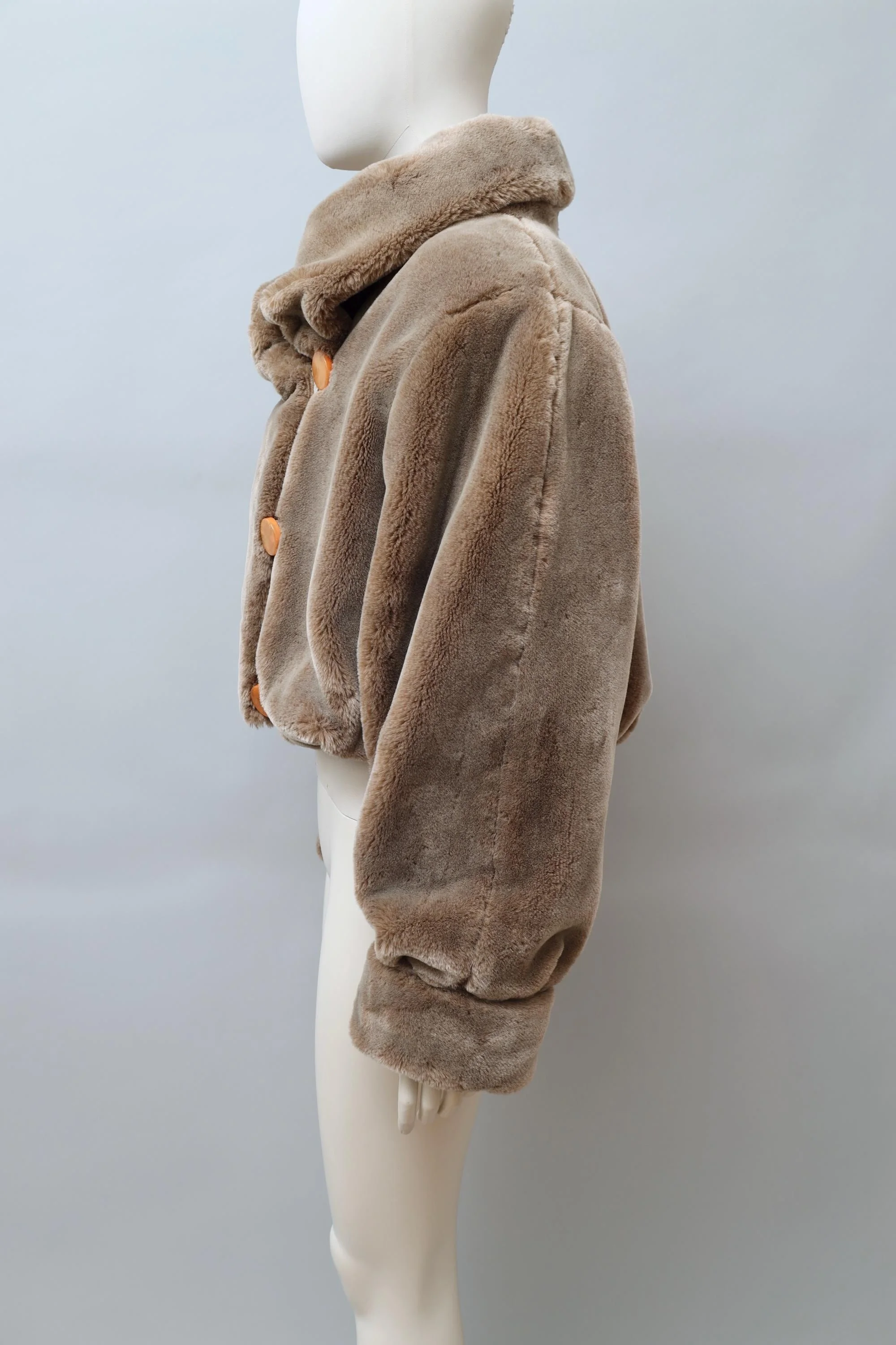 1990s Tyber taupe faux fur cropped jacket with resin buttons