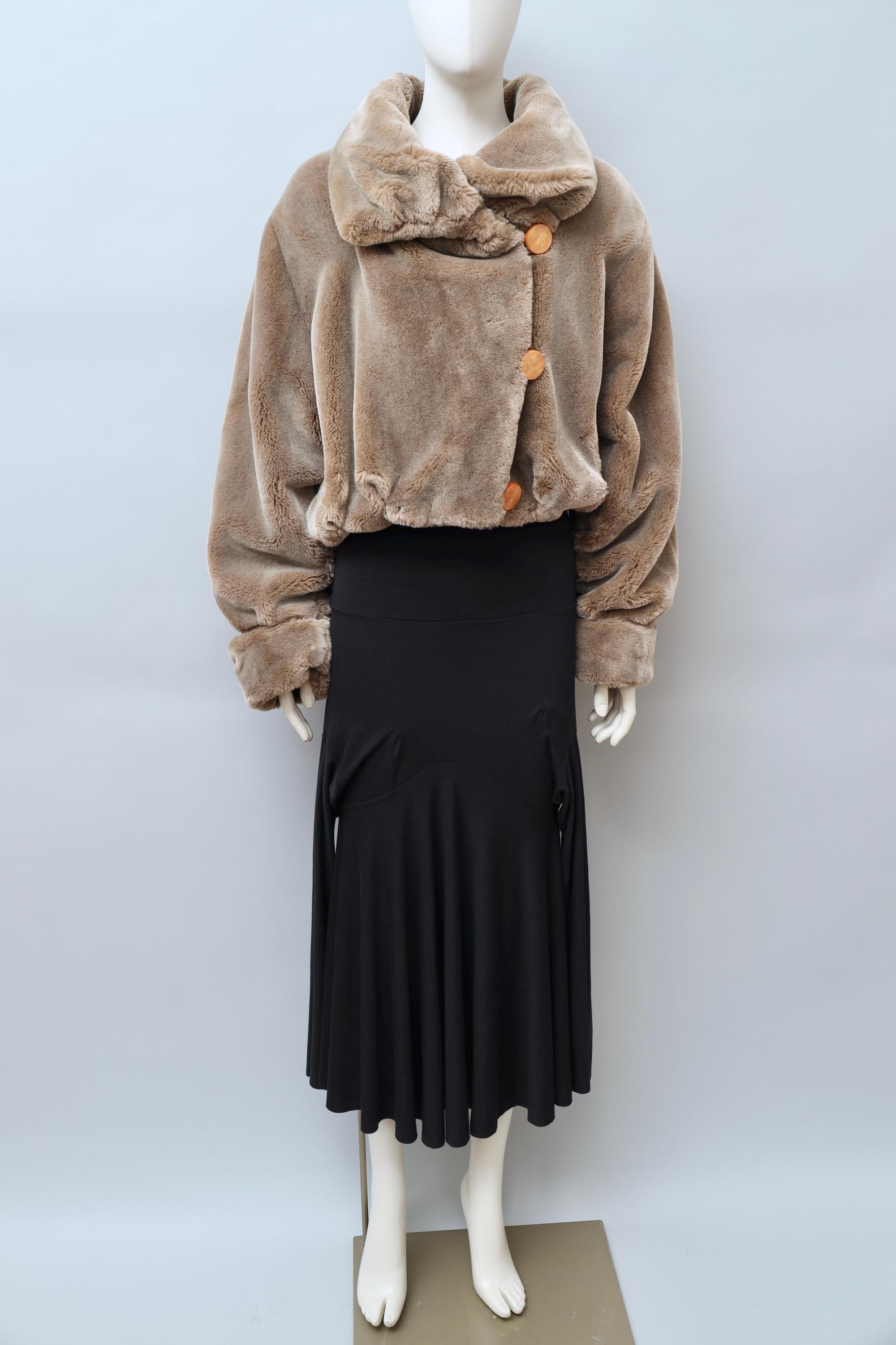 1990s Tyber taupe faux fur cropped jacket with resin buttons