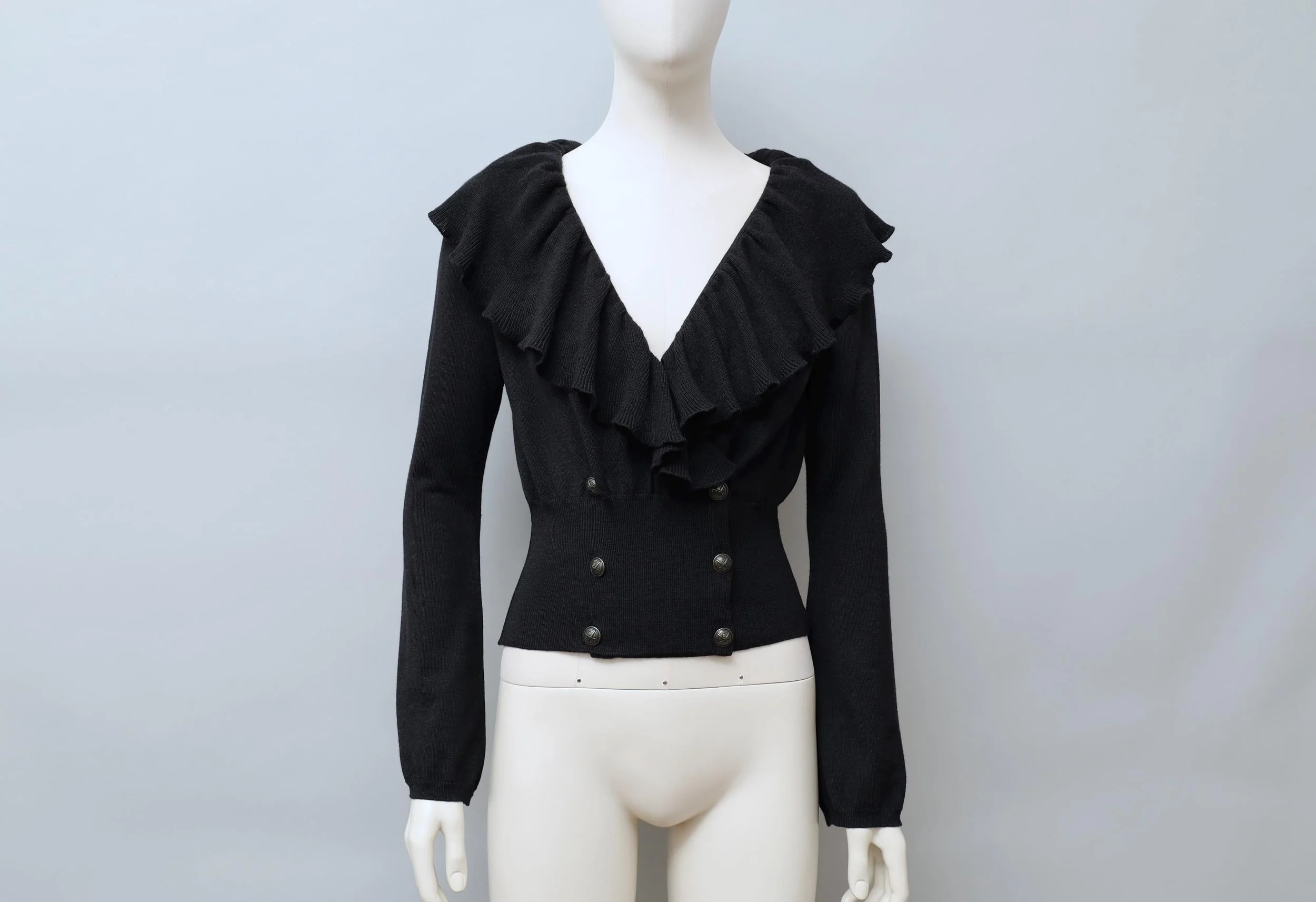 1980s Chantal Thomass black cashmere wool blend ruffle sweater