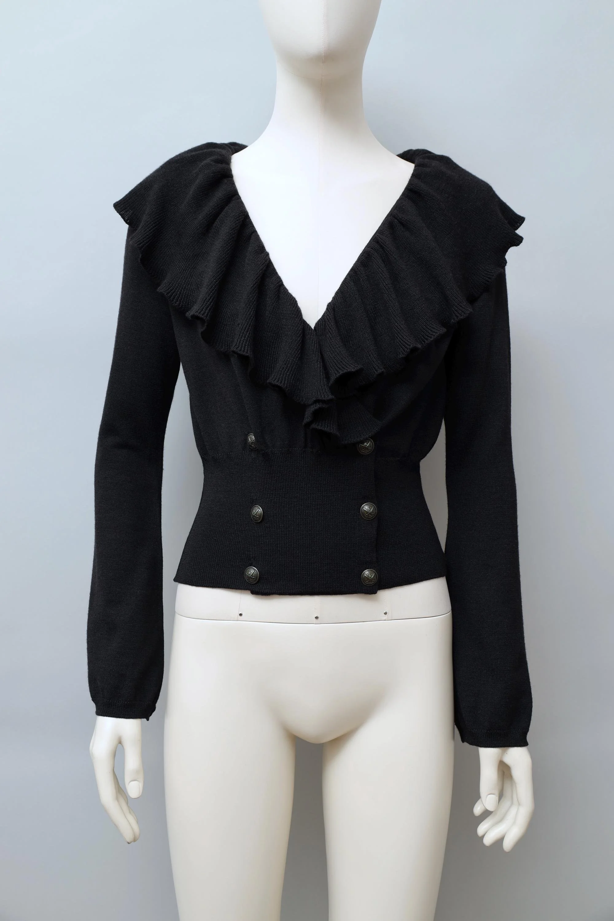 1980s Chantal Thomass black cashmere wool blend ruffle sweater