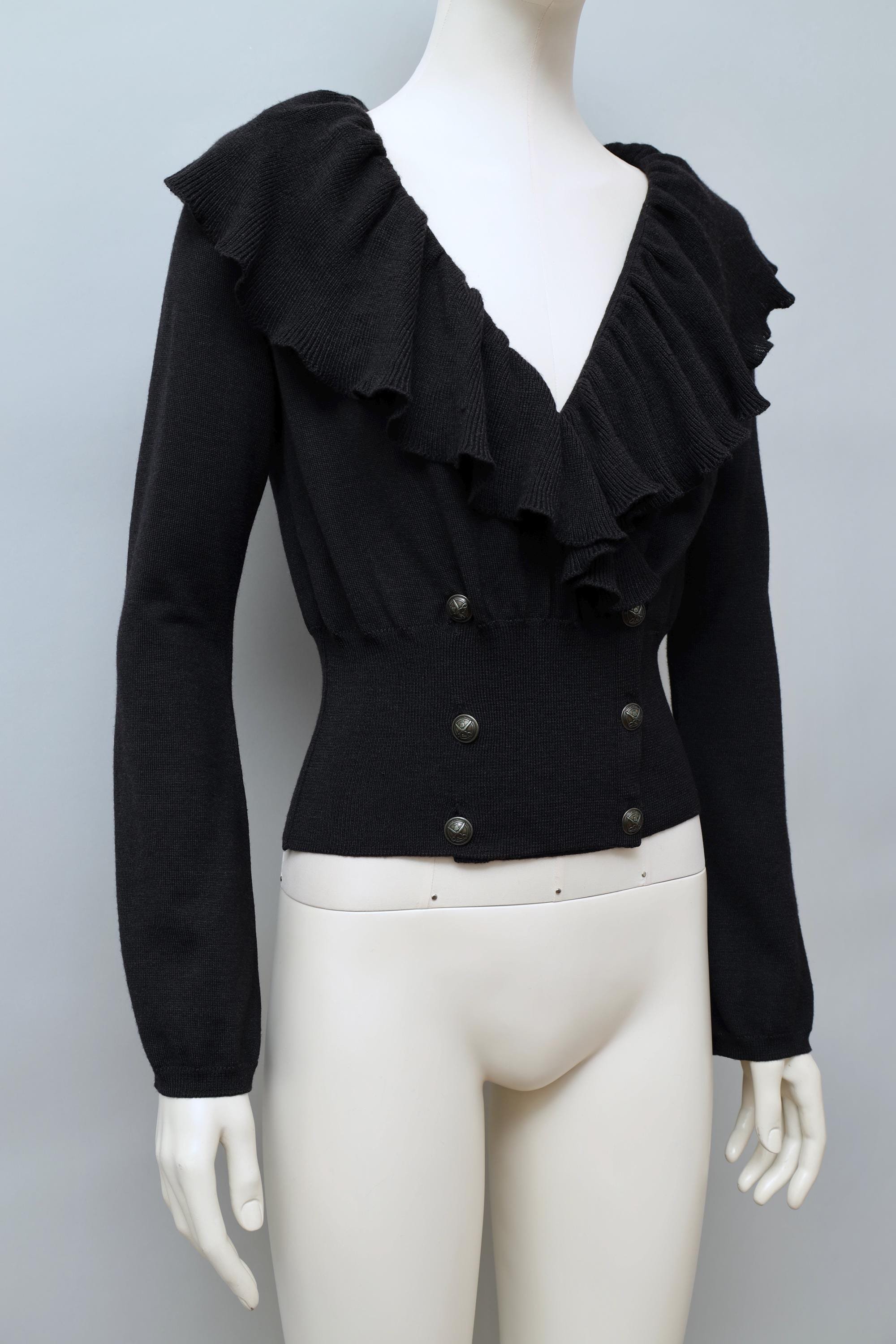 1980s Chantal Thomass black cashmere wool blend ruffle sweater