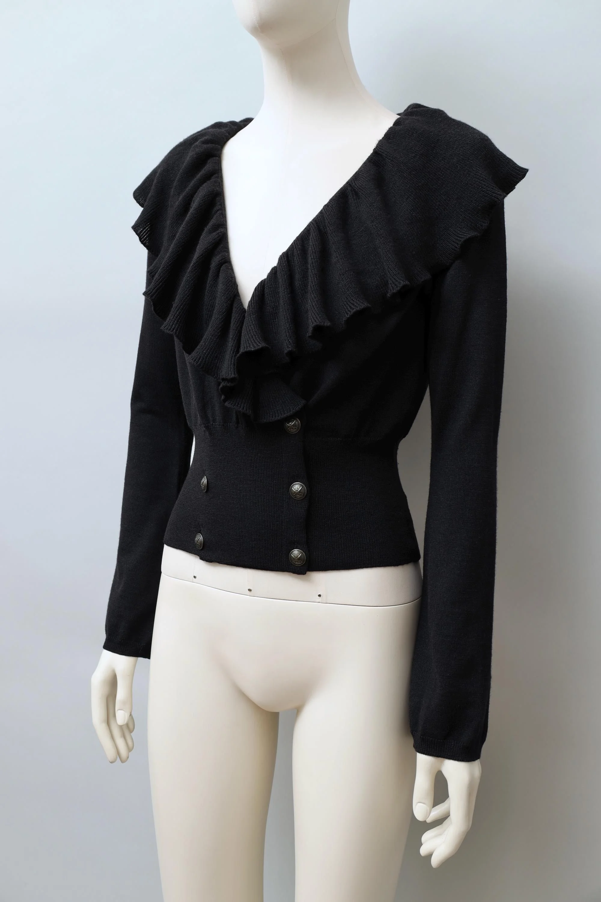 1980s Chantal Thomass black cashmere wool blend ruffle sweater