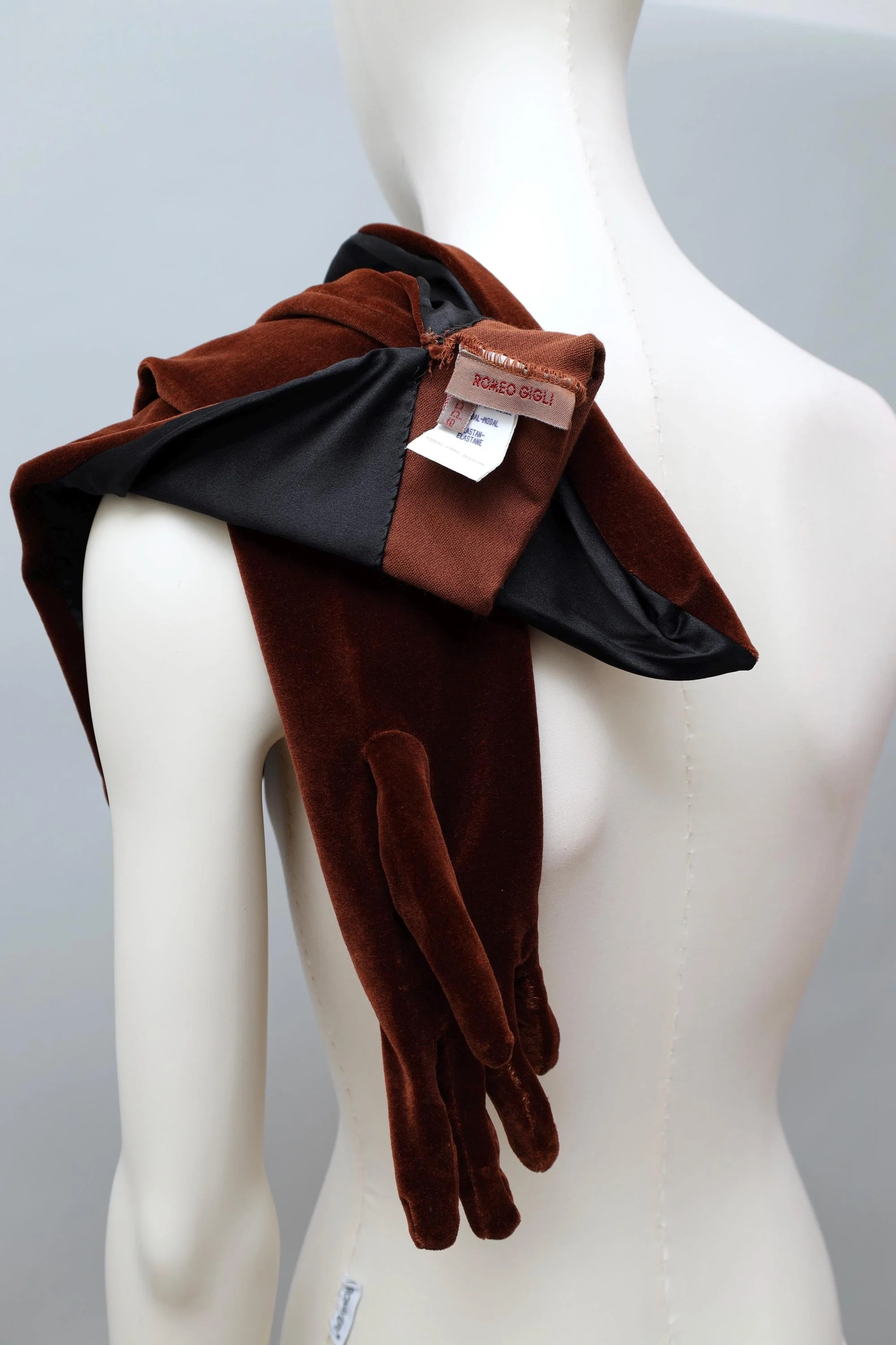 1990s Romeo Gigli brown velvet opera gloves label tag