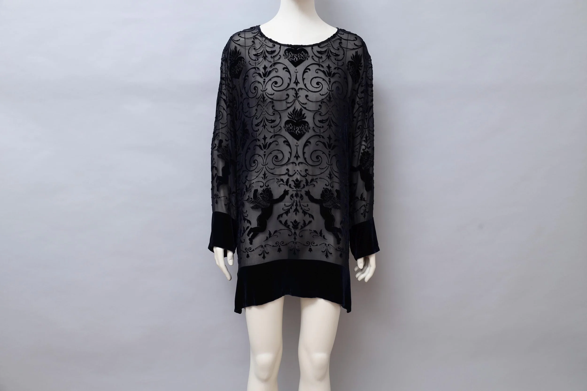 1990s English Eccentrics midnight blue silk velvet devoré tunic top
