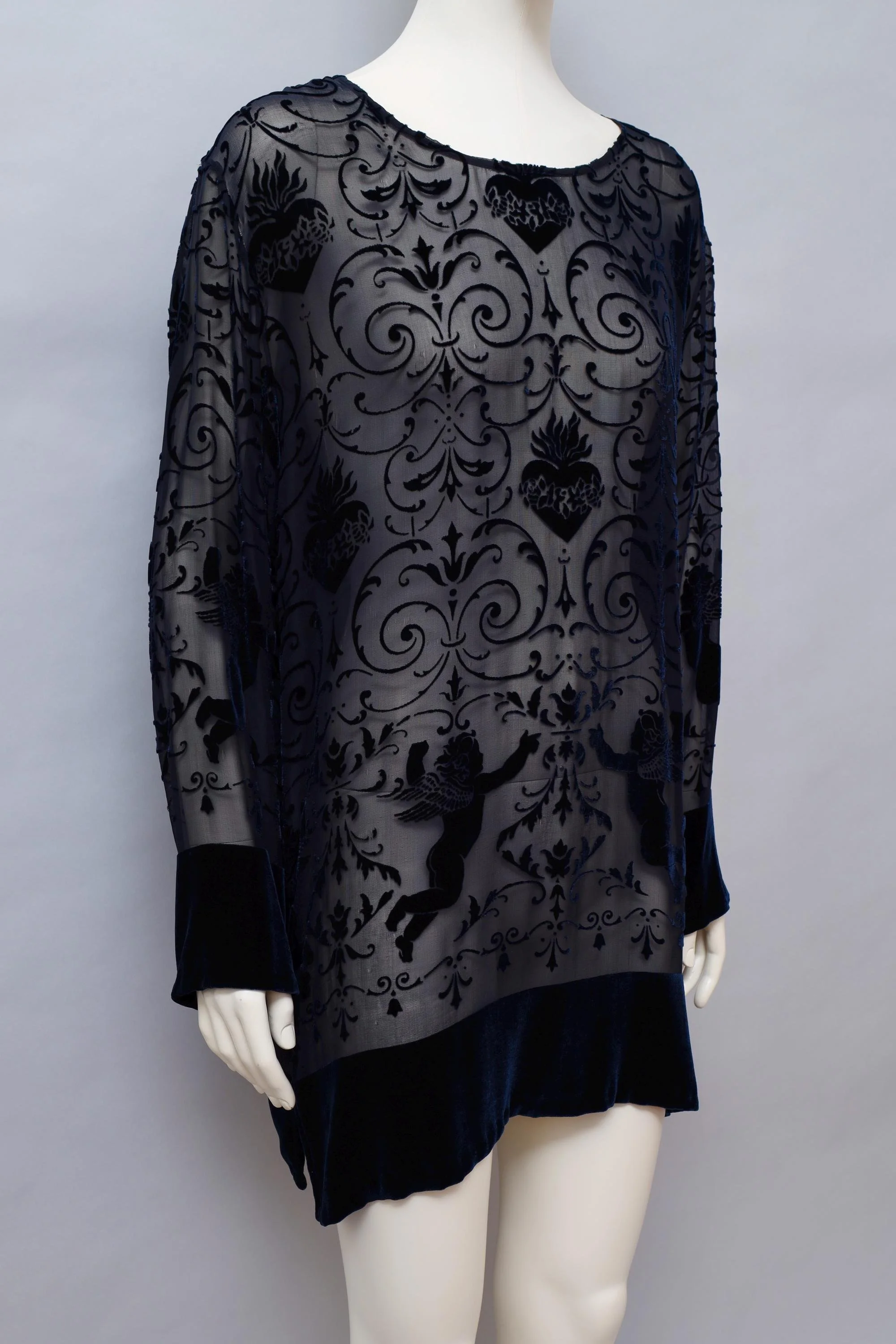1990s English Eccentrics midnight blue silk velvet devoré tunic top