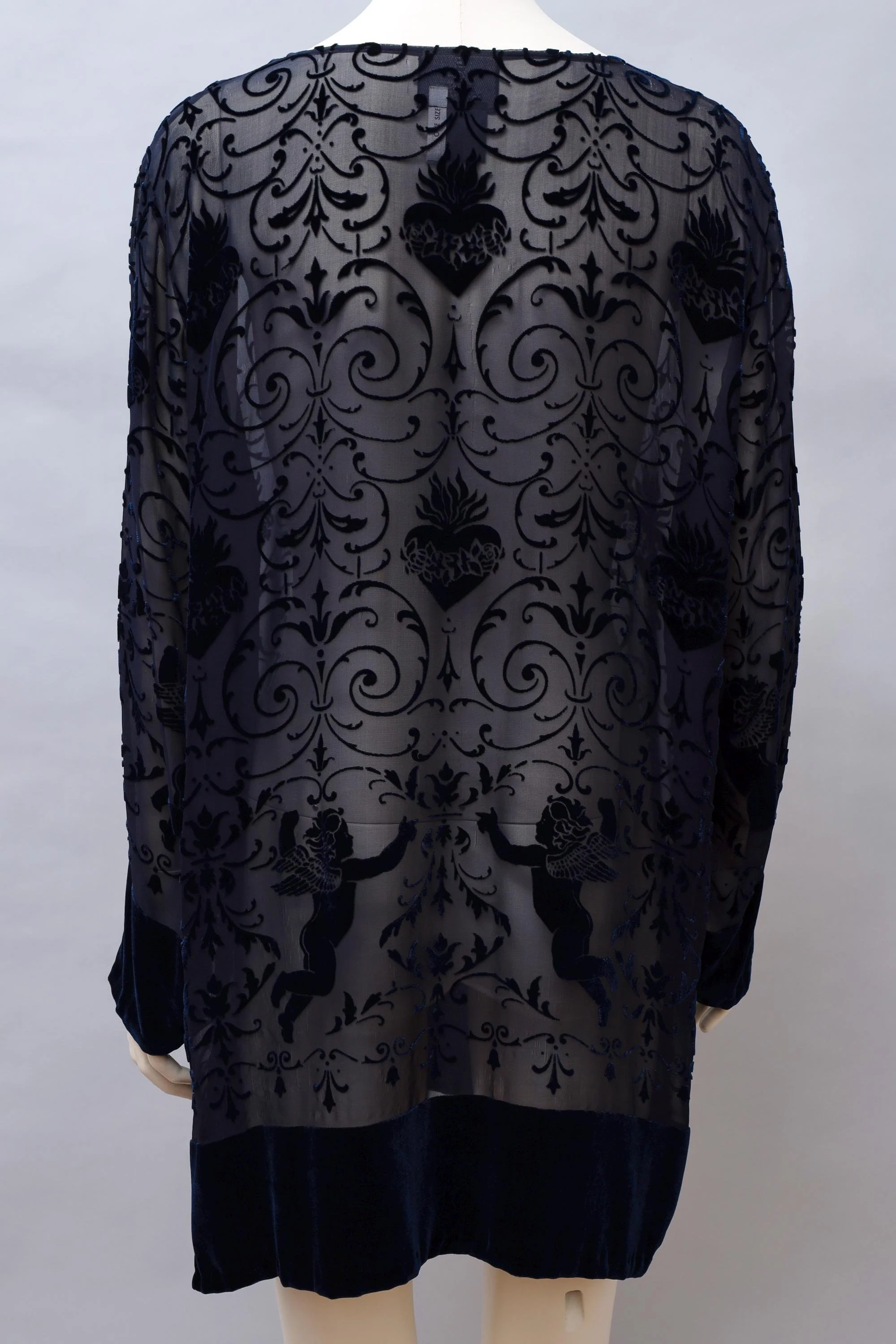 1990s English Eccentrics midnight blue silk velvet devoré tunic top