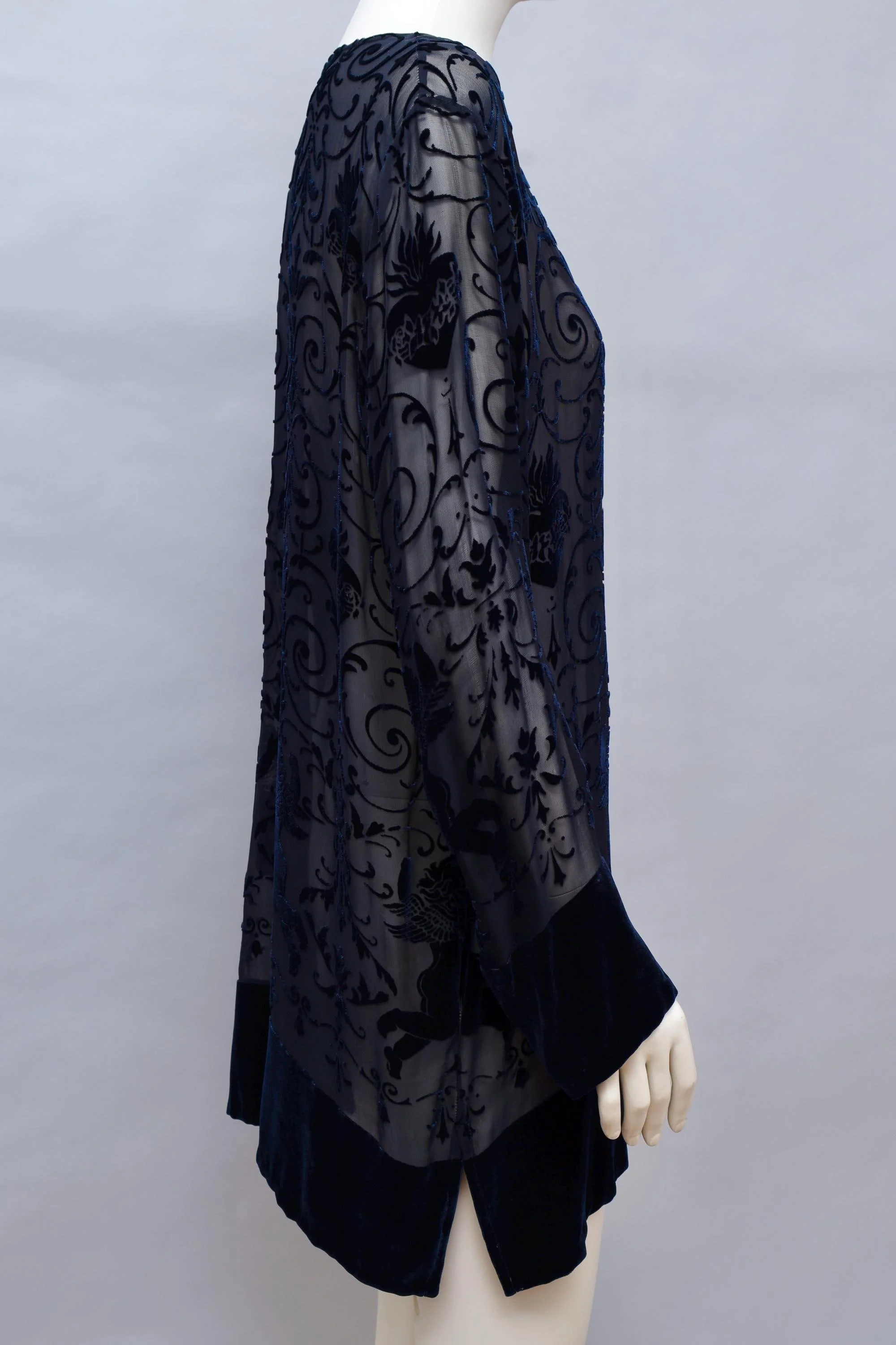 1990s English Eccentrics midnight blue silk velvet devoré tunic top