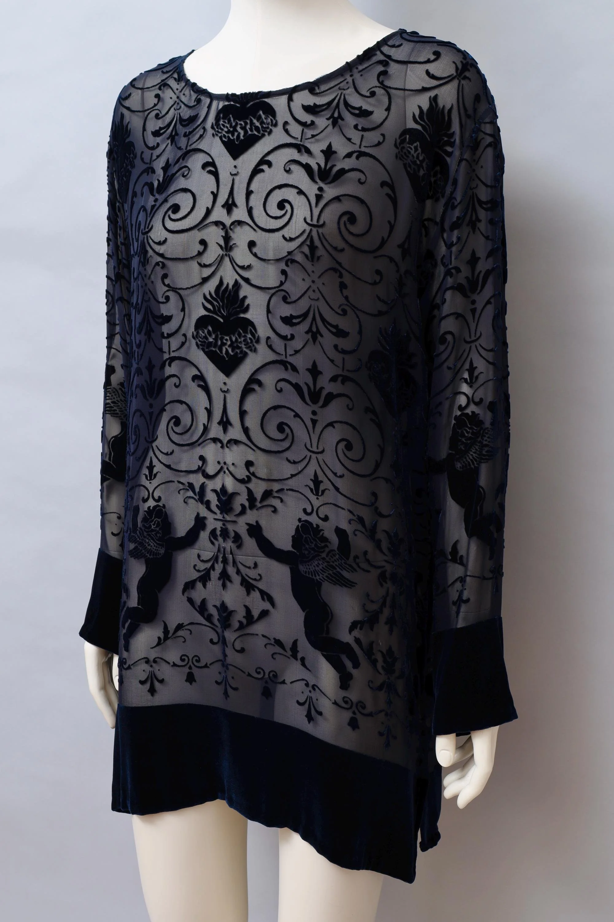 1990s English Eccentrics midnight blue silk velvet devoré tunic top