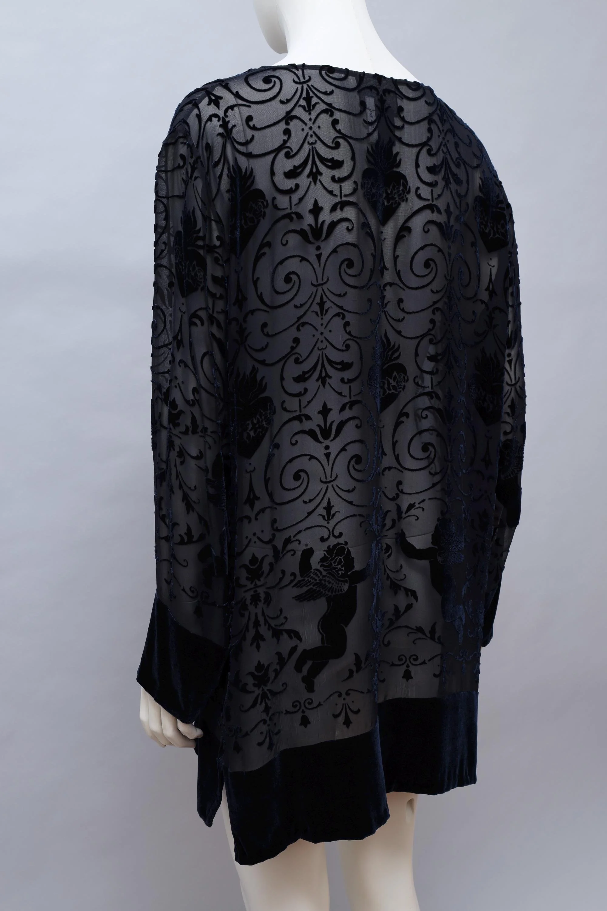 1990s English Eccentrics midnight blue silk velvet devoré tunic top