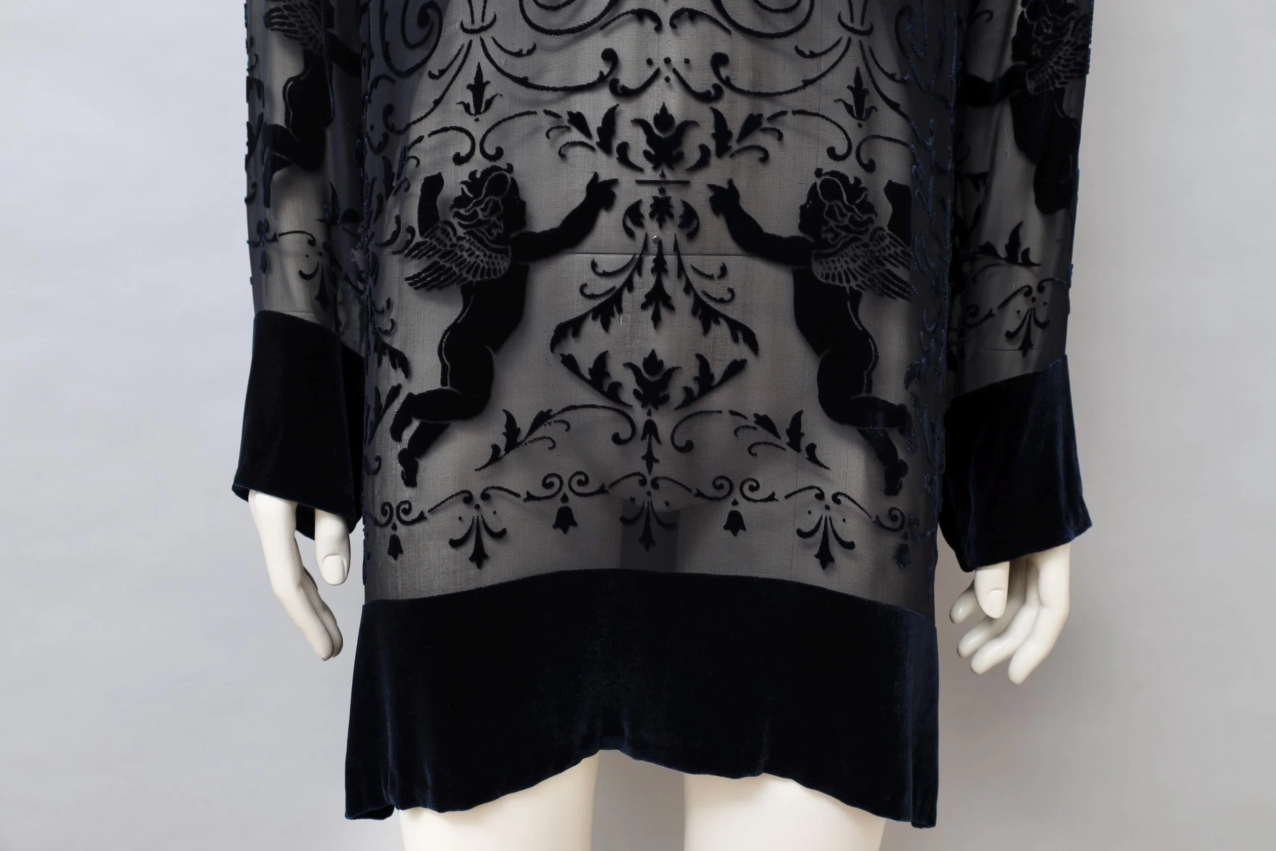 1990s English Eccentrics midnight blue silk velvet devoré cherub
