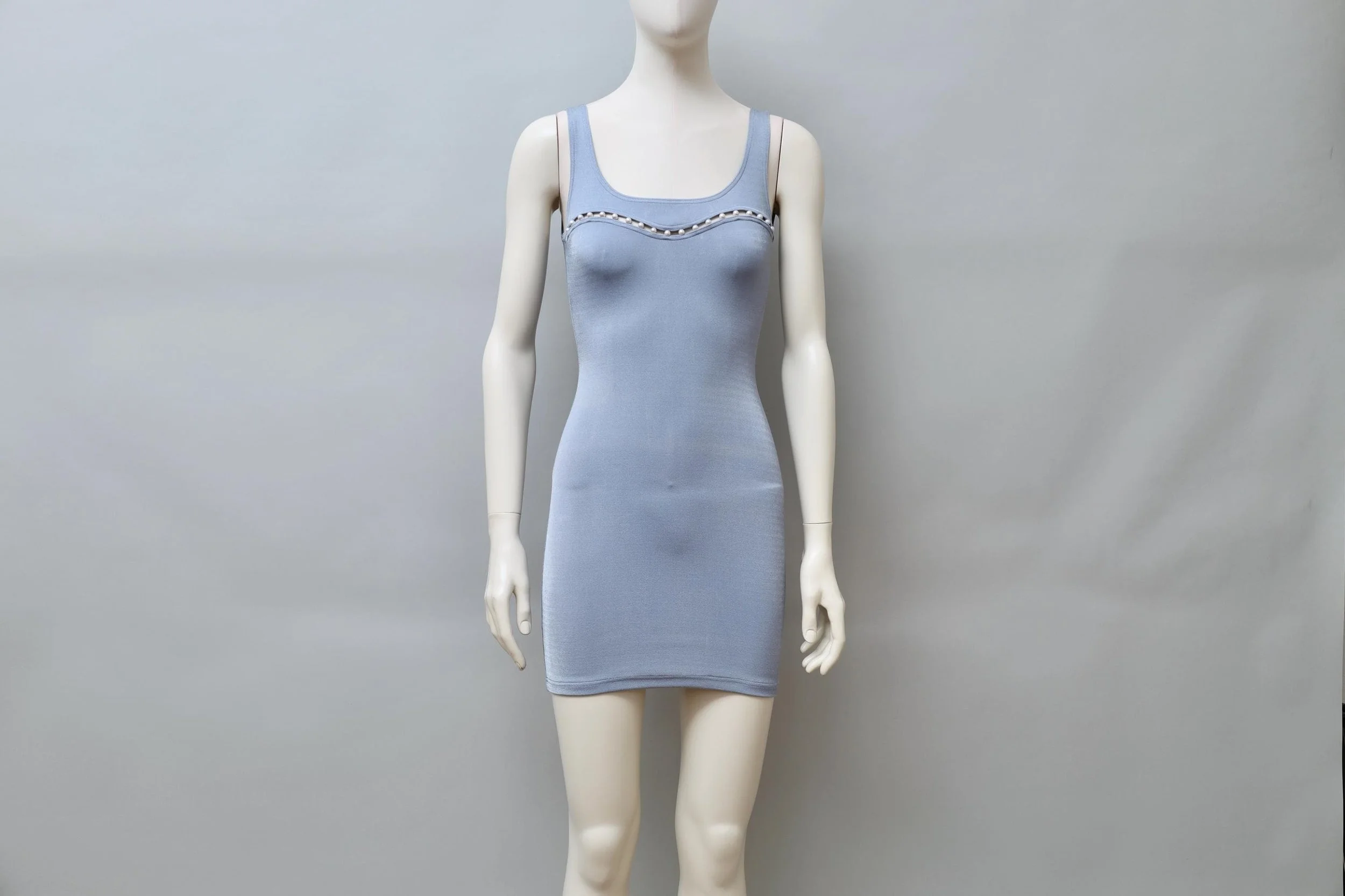 1990s Liza Bruce ice blue pearl cut out dress