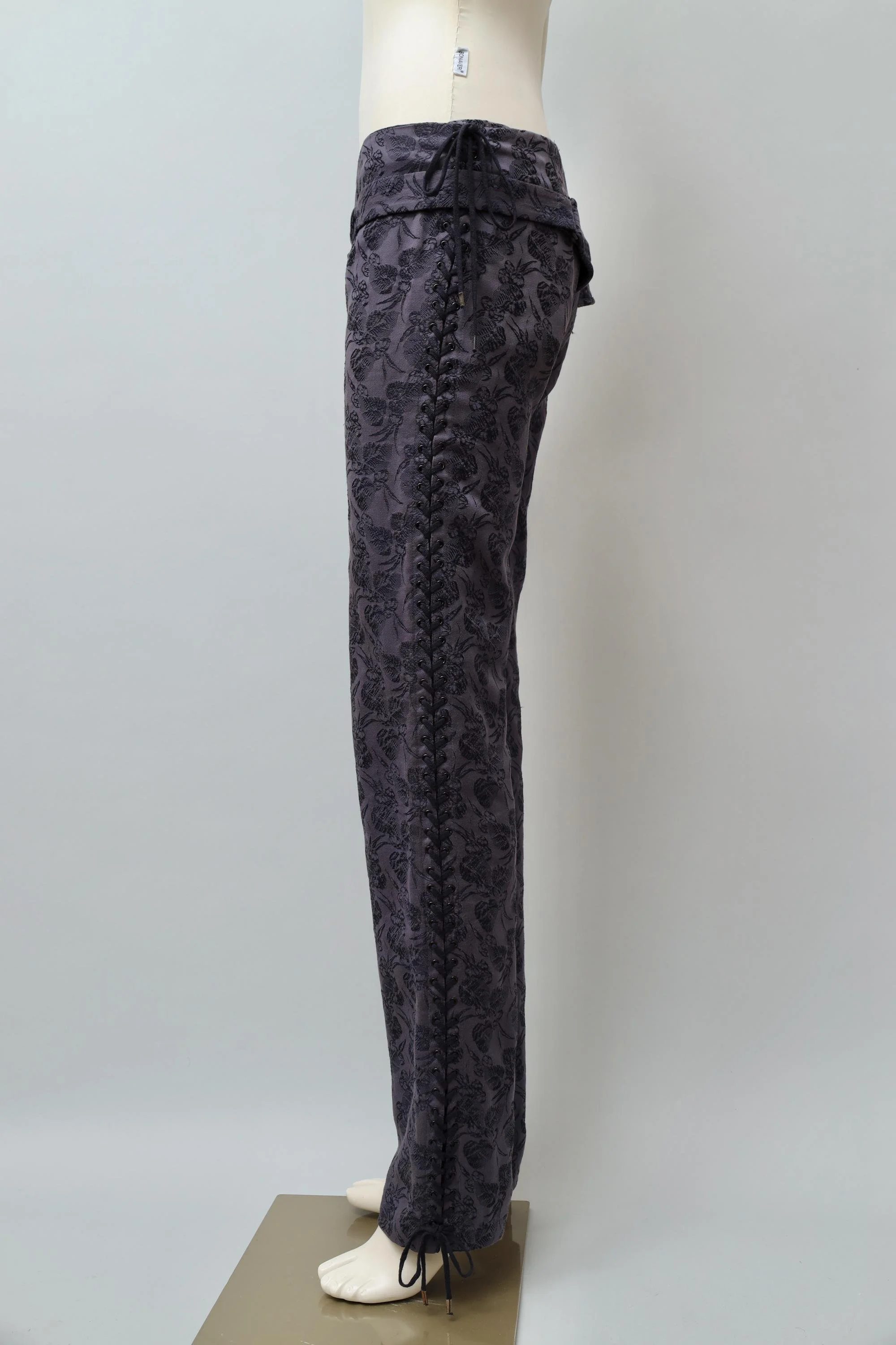 1990s Jean Paul Gaultier purple side lace-up floral brocade pants
