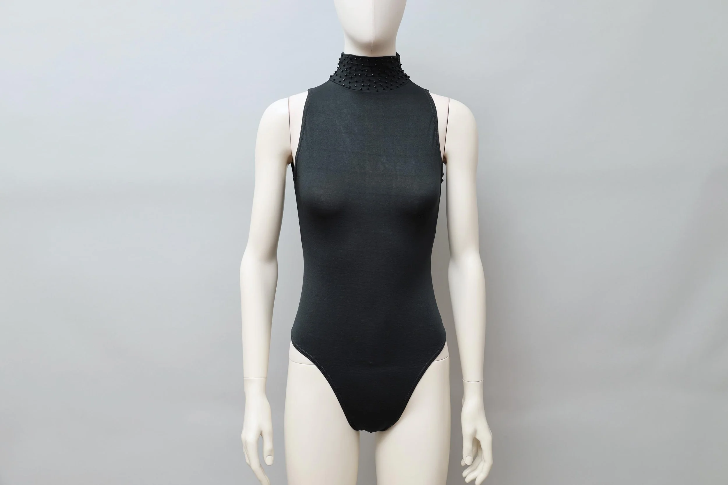1990s Liza Bruce dark green jet beaded turtleneck bodysuit