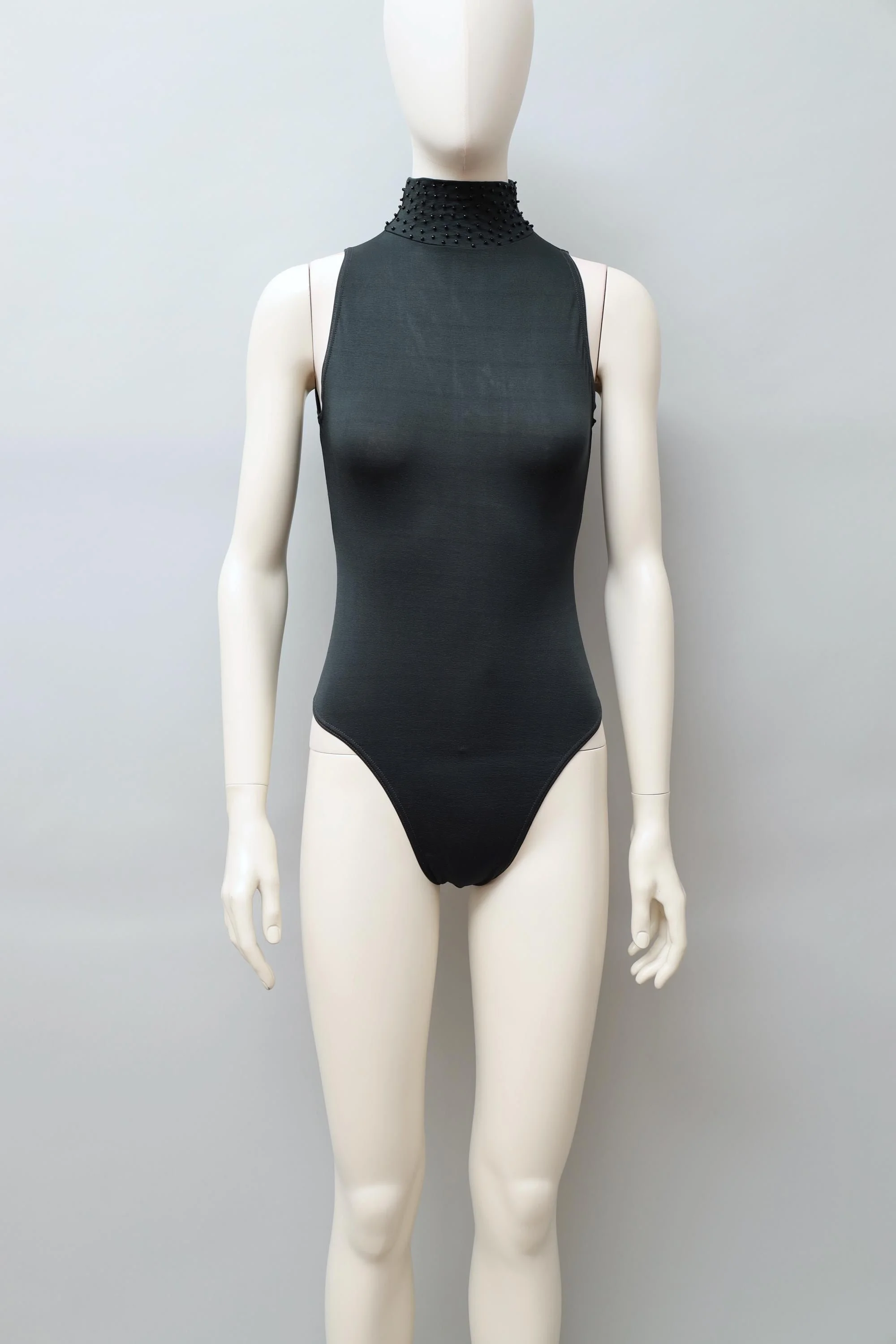 1990s Liza Bruce dark green jet beaded turtleneck bodysuit