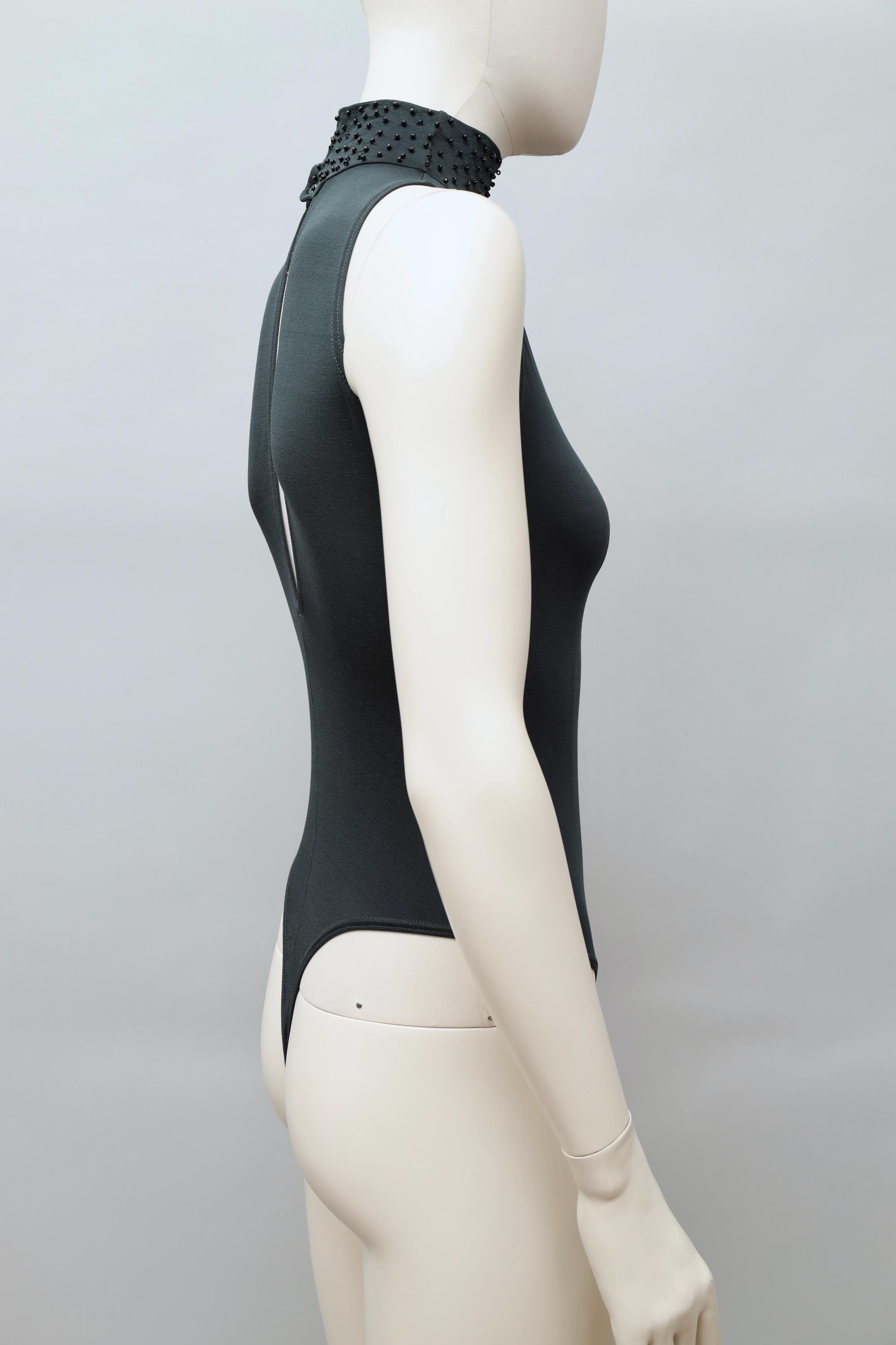 1990s Liza Bruce dark green jet beaded turtleneck bodysuit