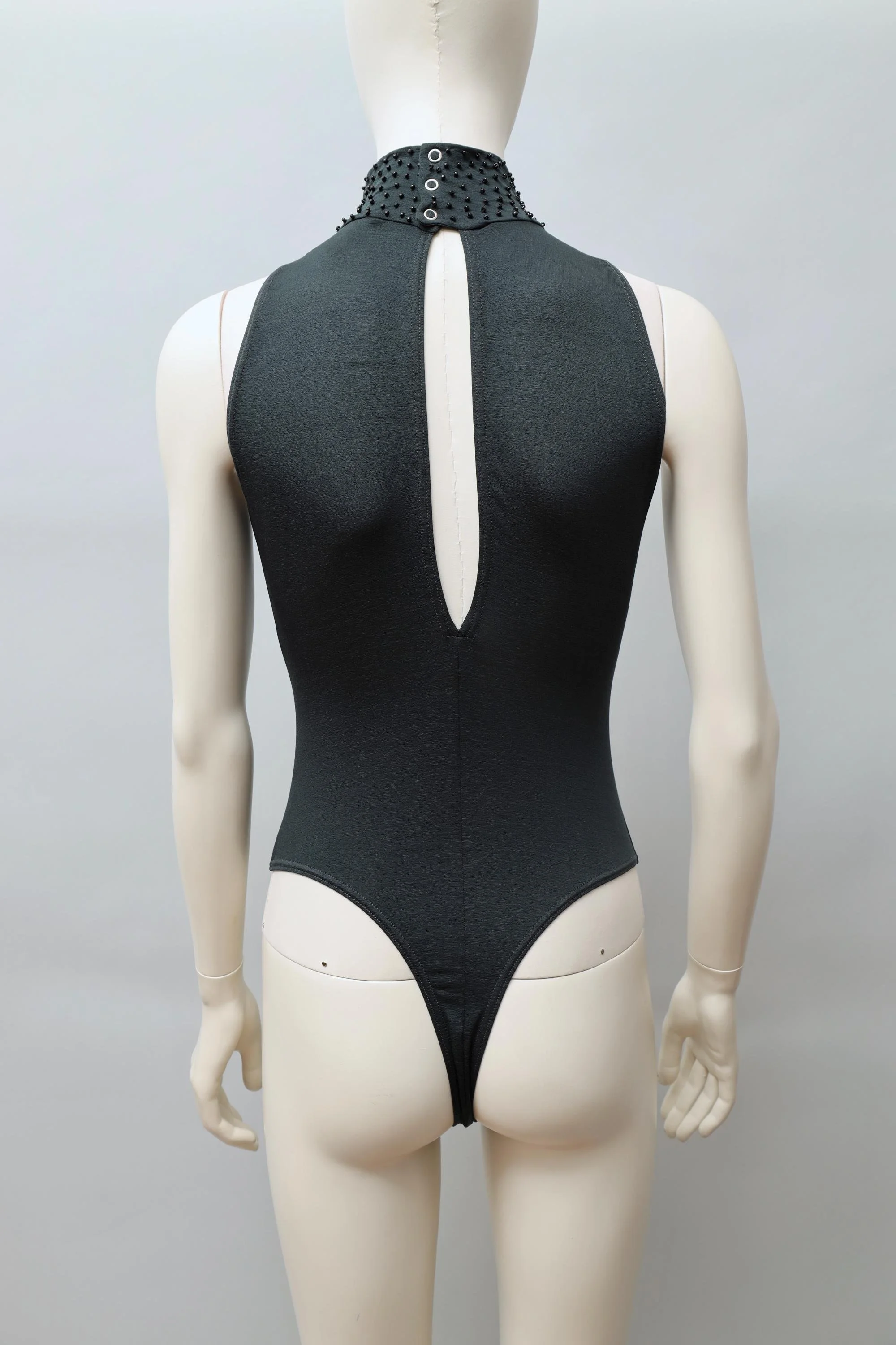 1990s Liza Bruce dark green jet beaded turtleneck bodysuit
