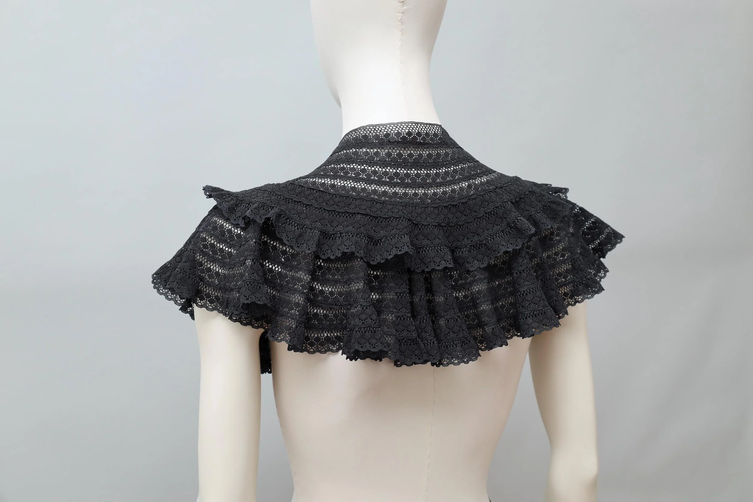 1980s Norma Kamali Victorian tiered black ruffle lace collar capelet