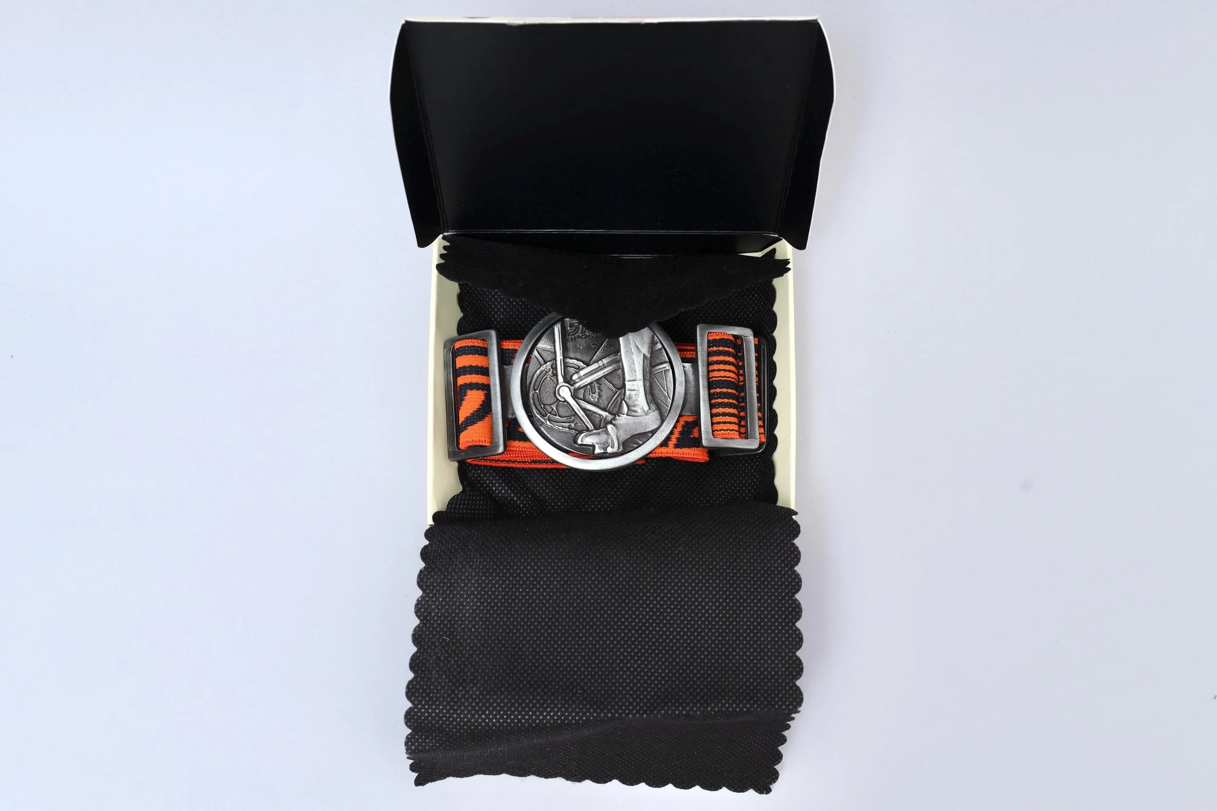 1990s JPG Jean Paul Gaultier cyclist metal buckle orange elastic belt original box