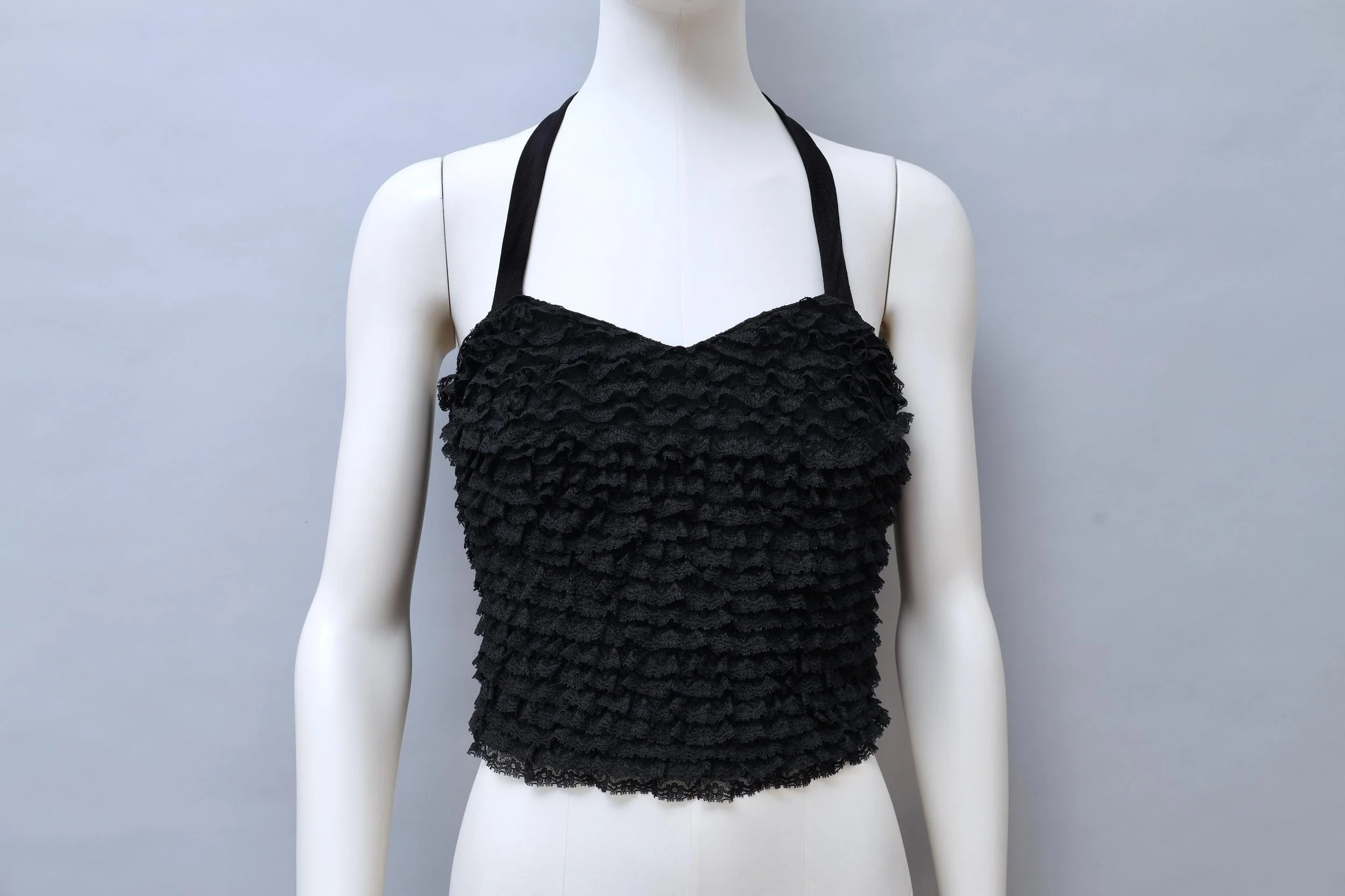 1960s Réal Paris by Arlette Nastat black frilly lace halterneck top