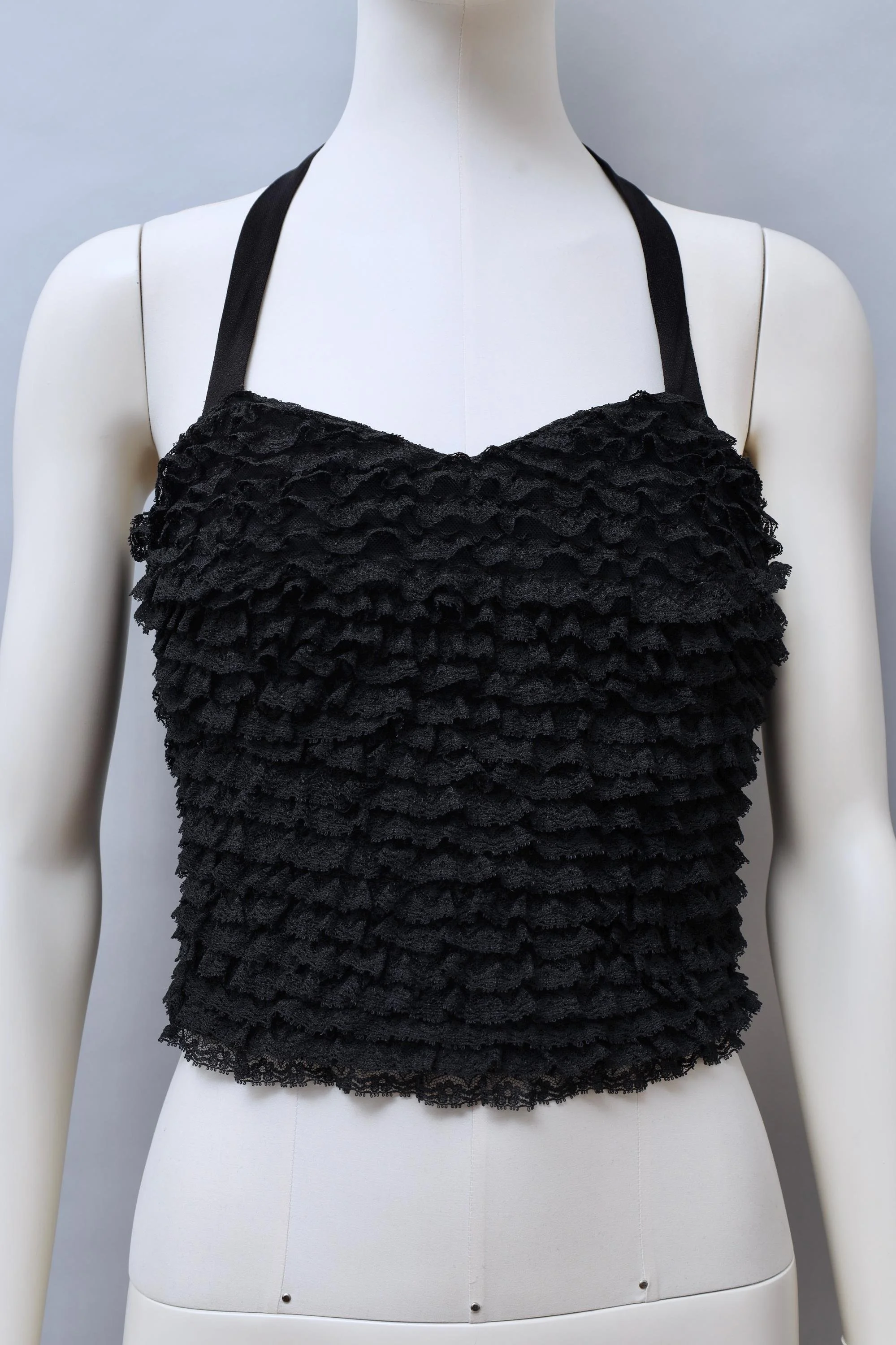 1960s Réal Paris by Arlette Nastat black frilly lace halterneck top
