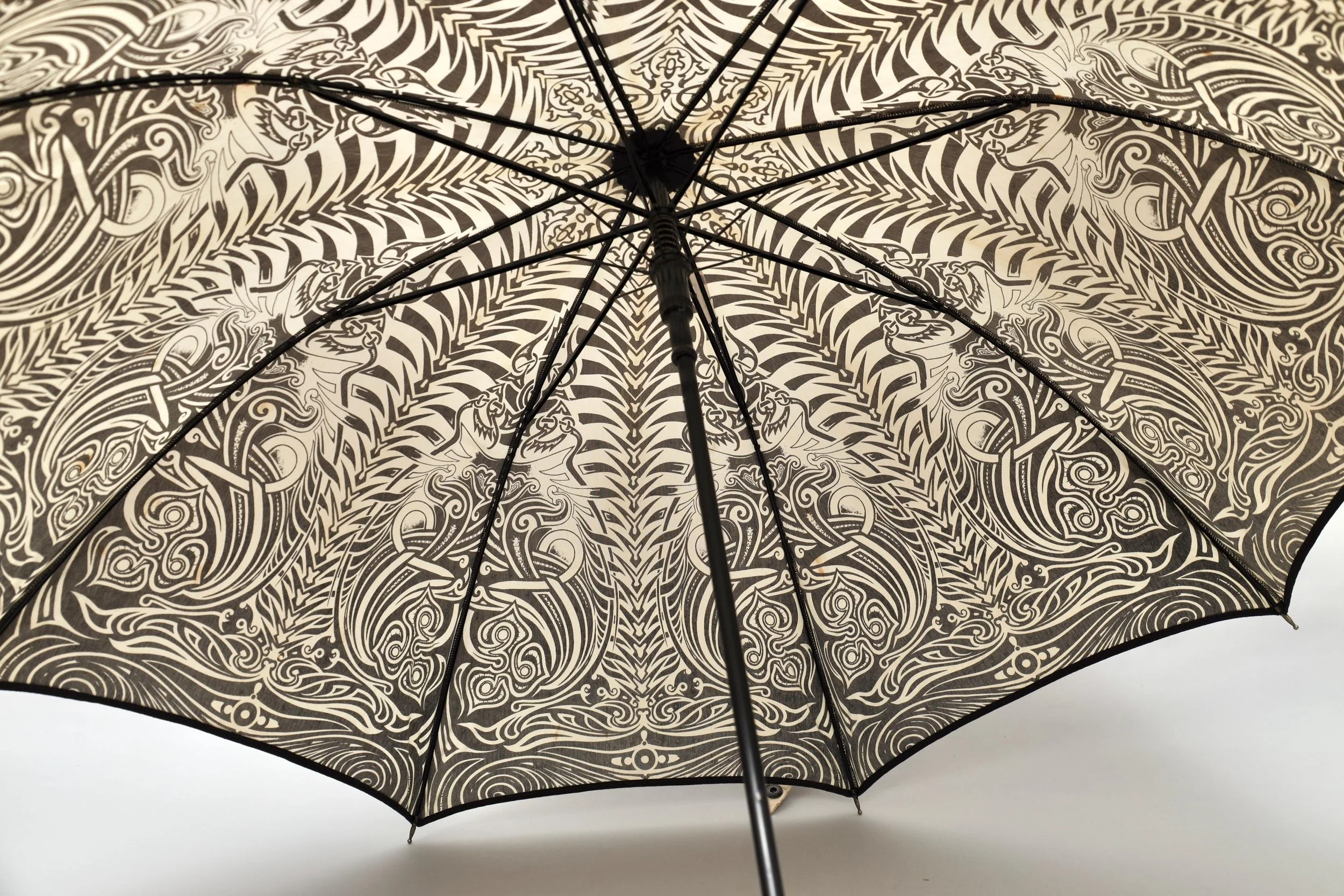 S/S 1996 Jean Paul Gaultier black and white tribal tattoo parasol