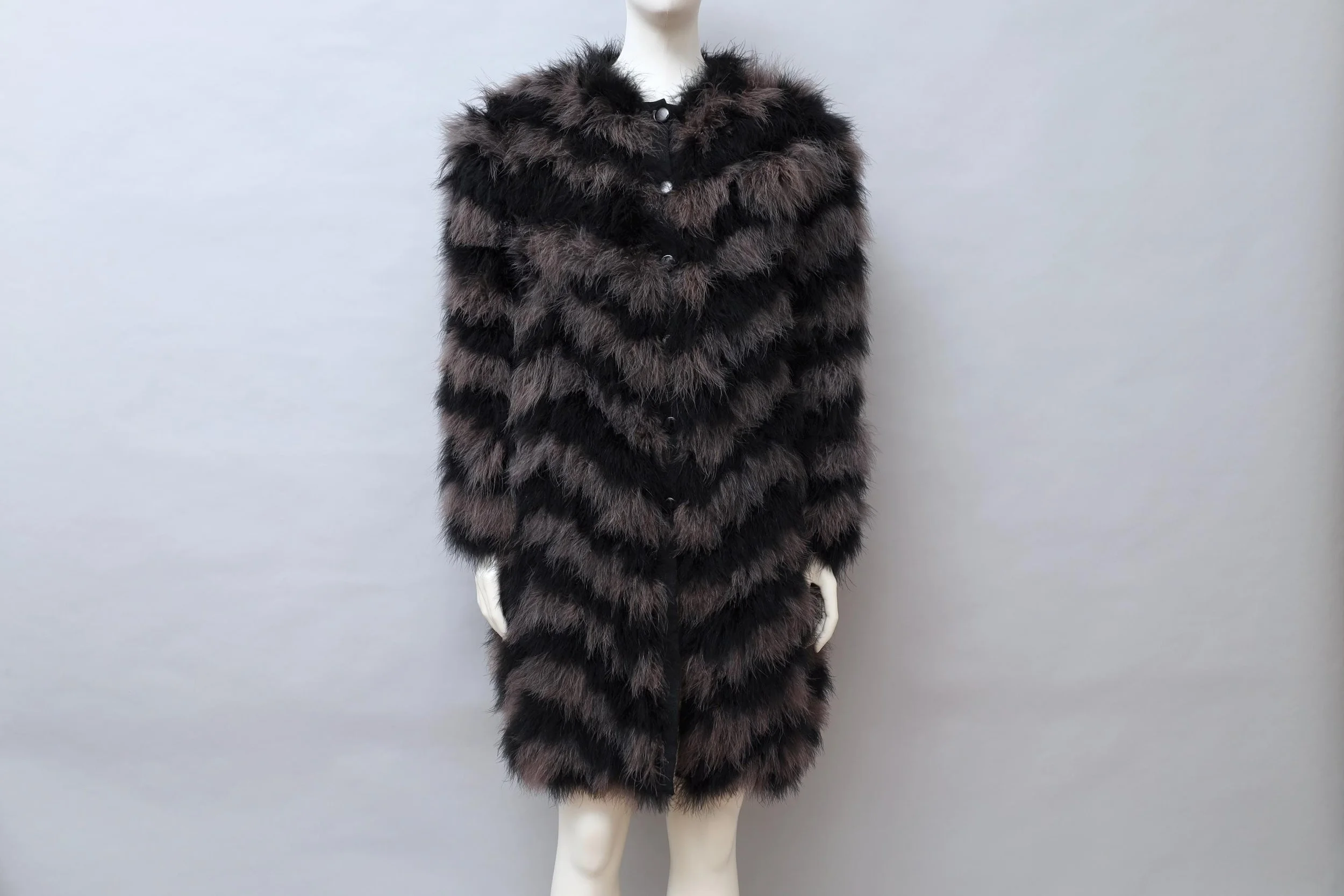 early 1980s Chantal Thomass black and purple chevron marabou feather coat