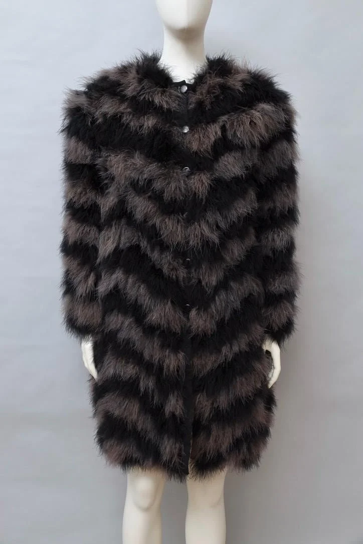 early 1980s Chantal Thomass black and purple chevron marabou feather coat