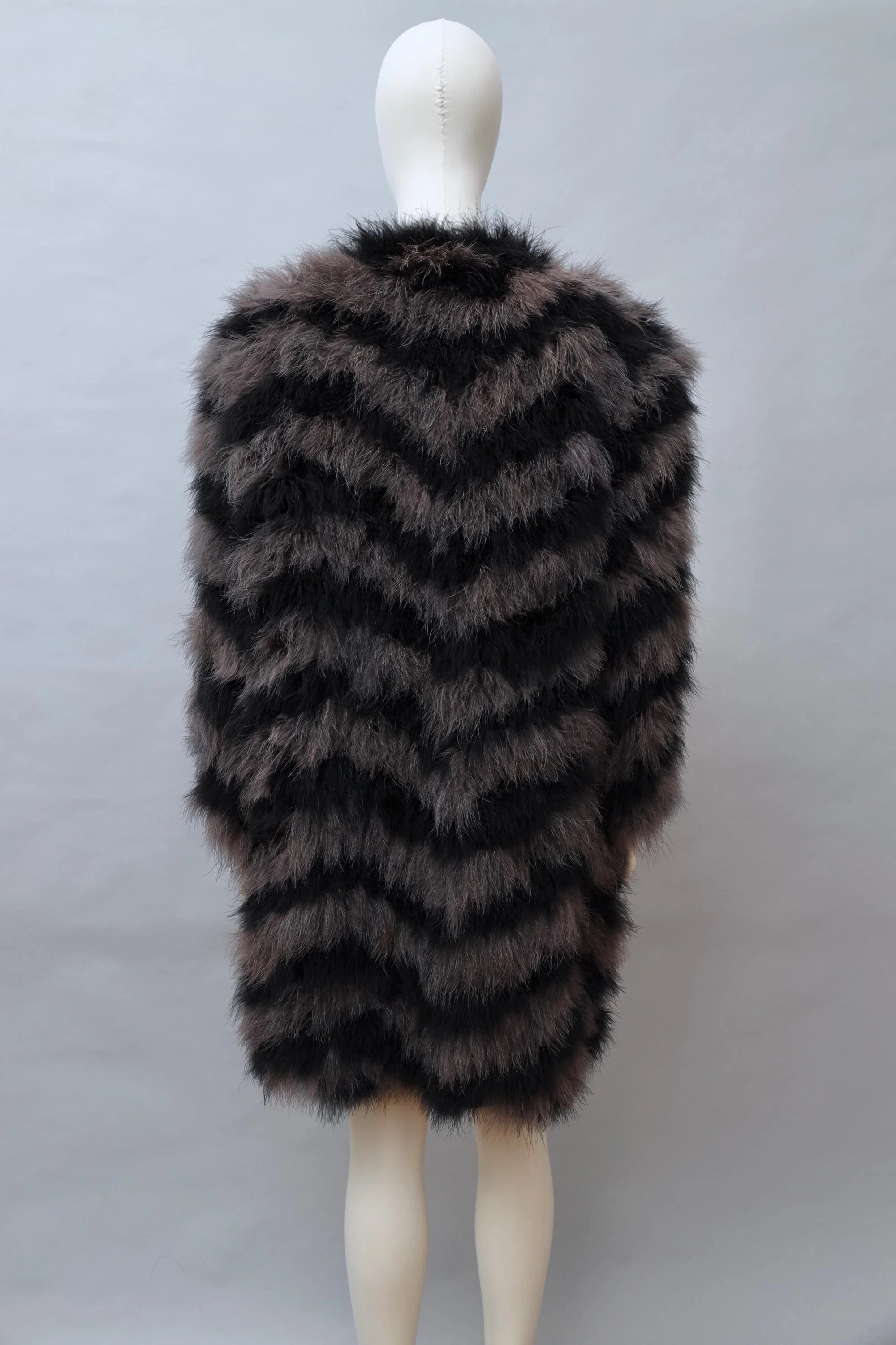 early 1980s Chantal Thomass black and purple chevron marabou feather coat