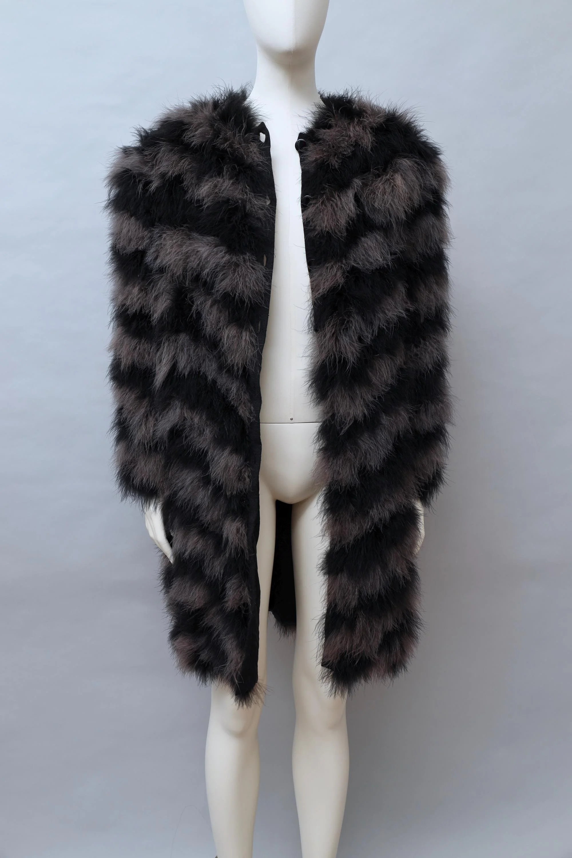 early 1980s Chantal Thomass black and purple chevron marabou feather coat