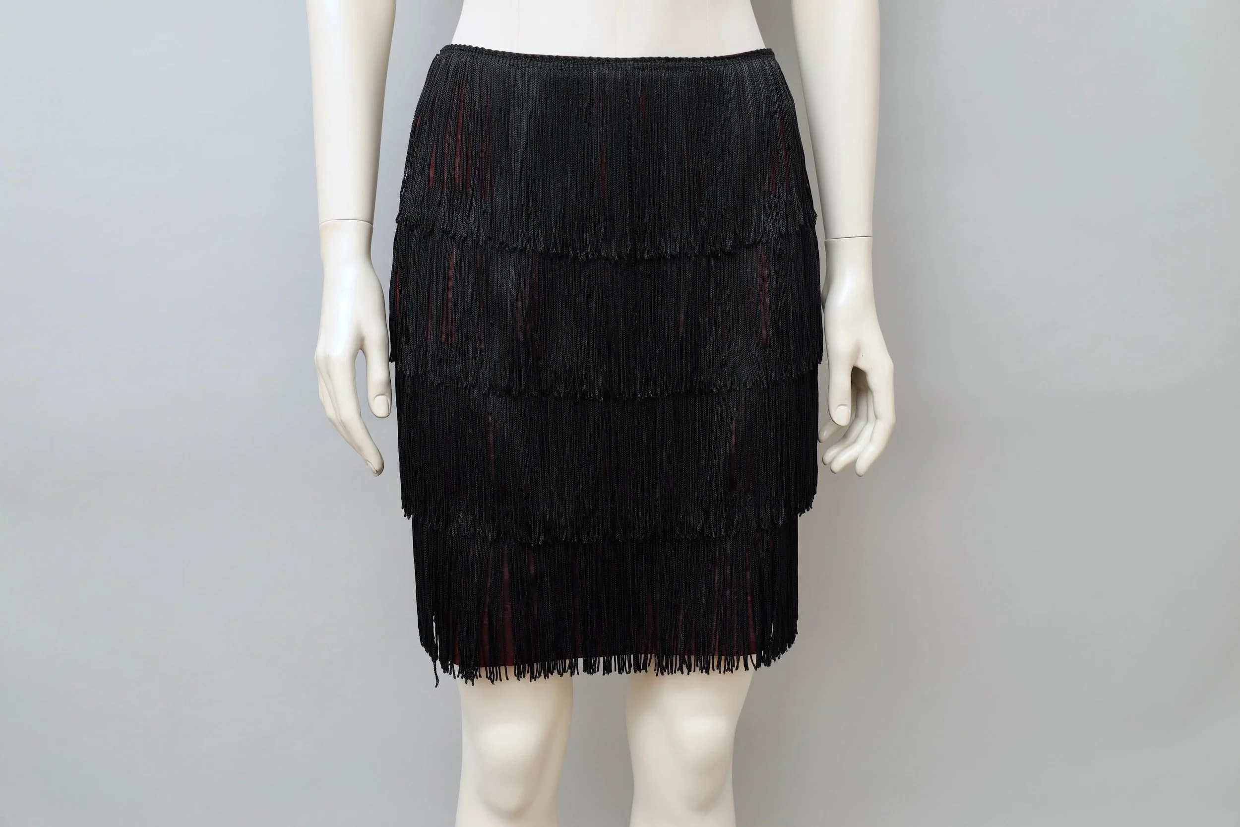 early 1980s OMO Norma Kamali burgundy sateen black fringe skirt