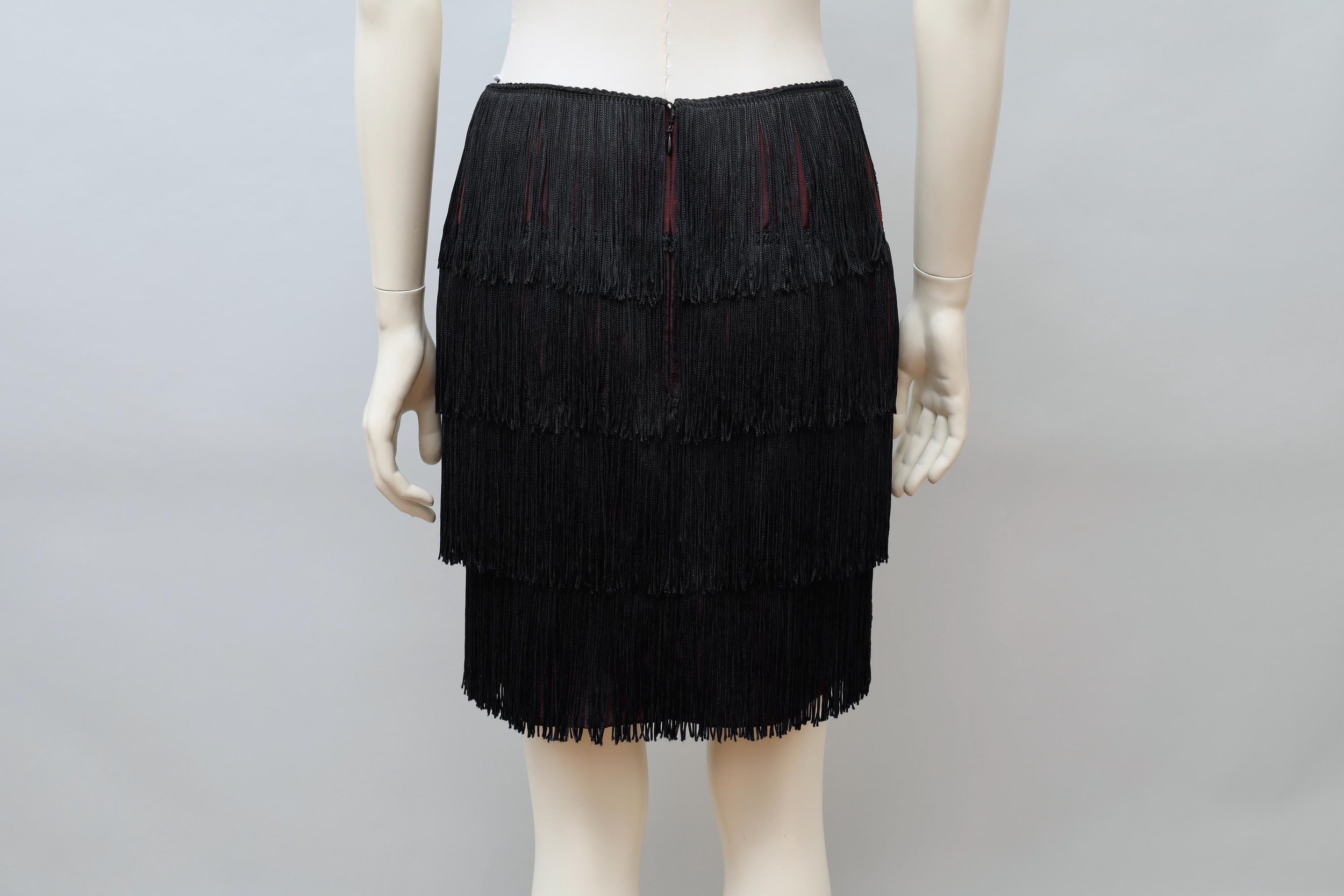 early 1980s OMO Norma Kamali burgundy sateen black fringe skirt
