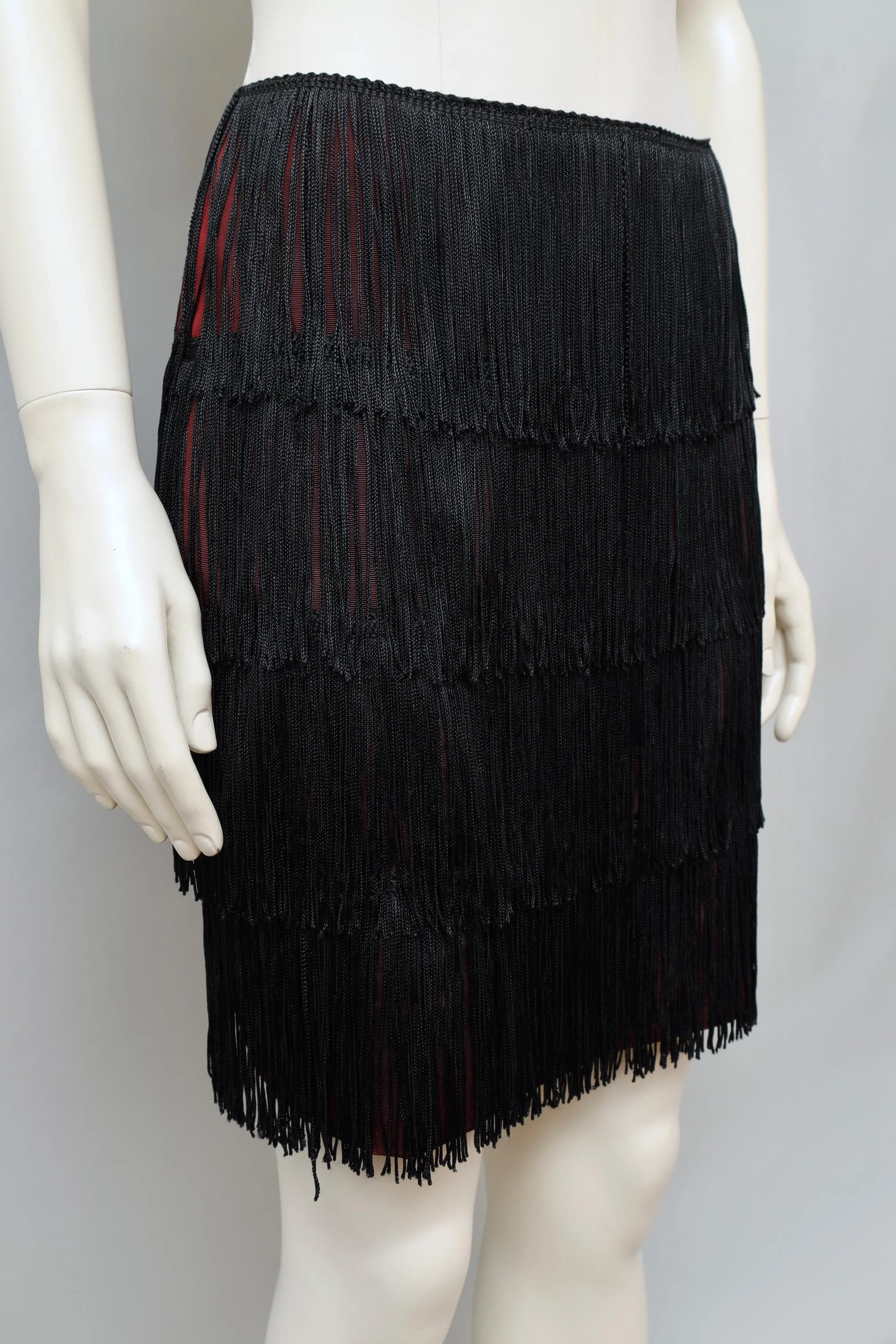 early 1980s OMO Norma Kamali burgundy sateen black fringe skirt