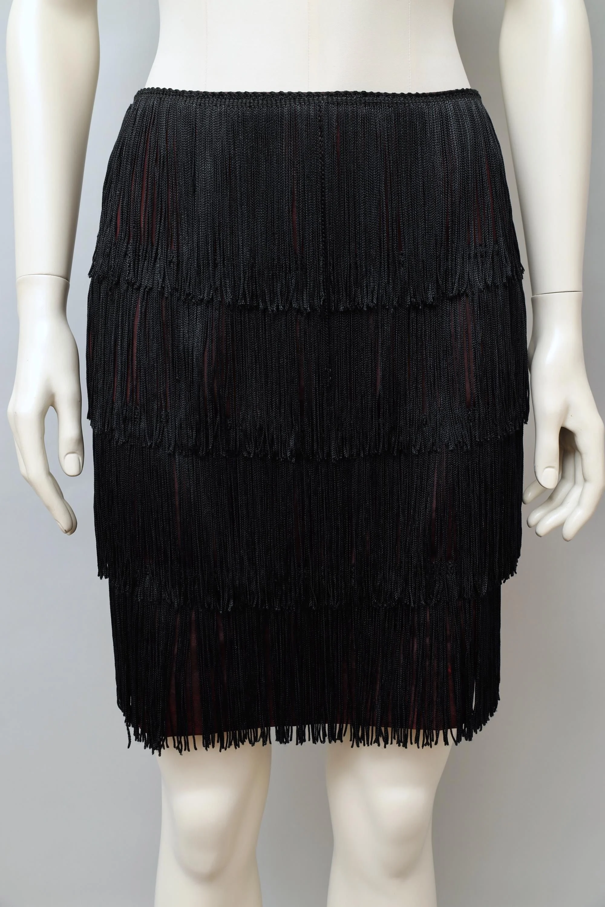early 1980s OMO Norma Kamali burgundy sateen black fringe skirt