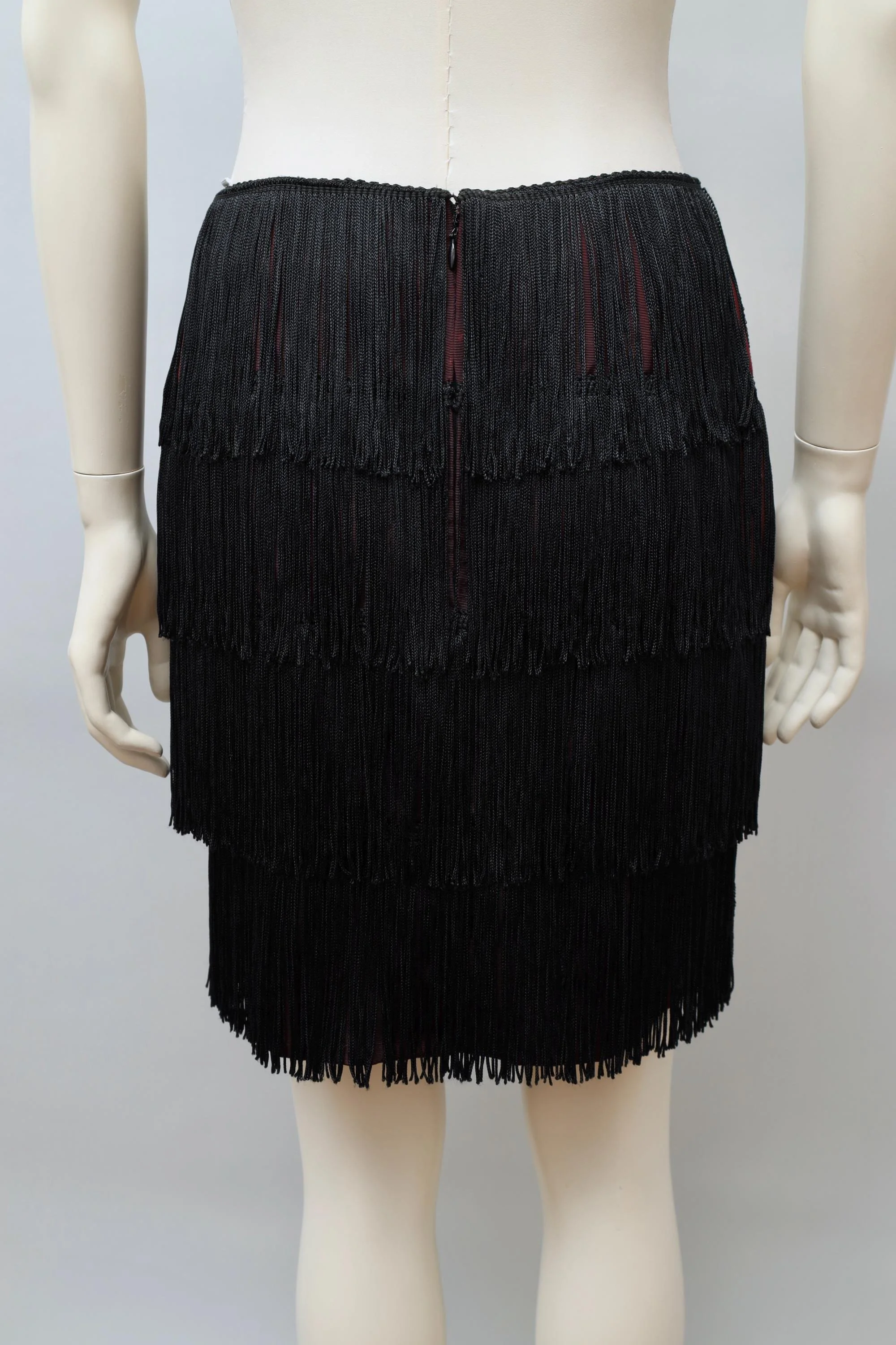 early 1980s OMO Norma Kamali burgundy sateen black fringe skirt