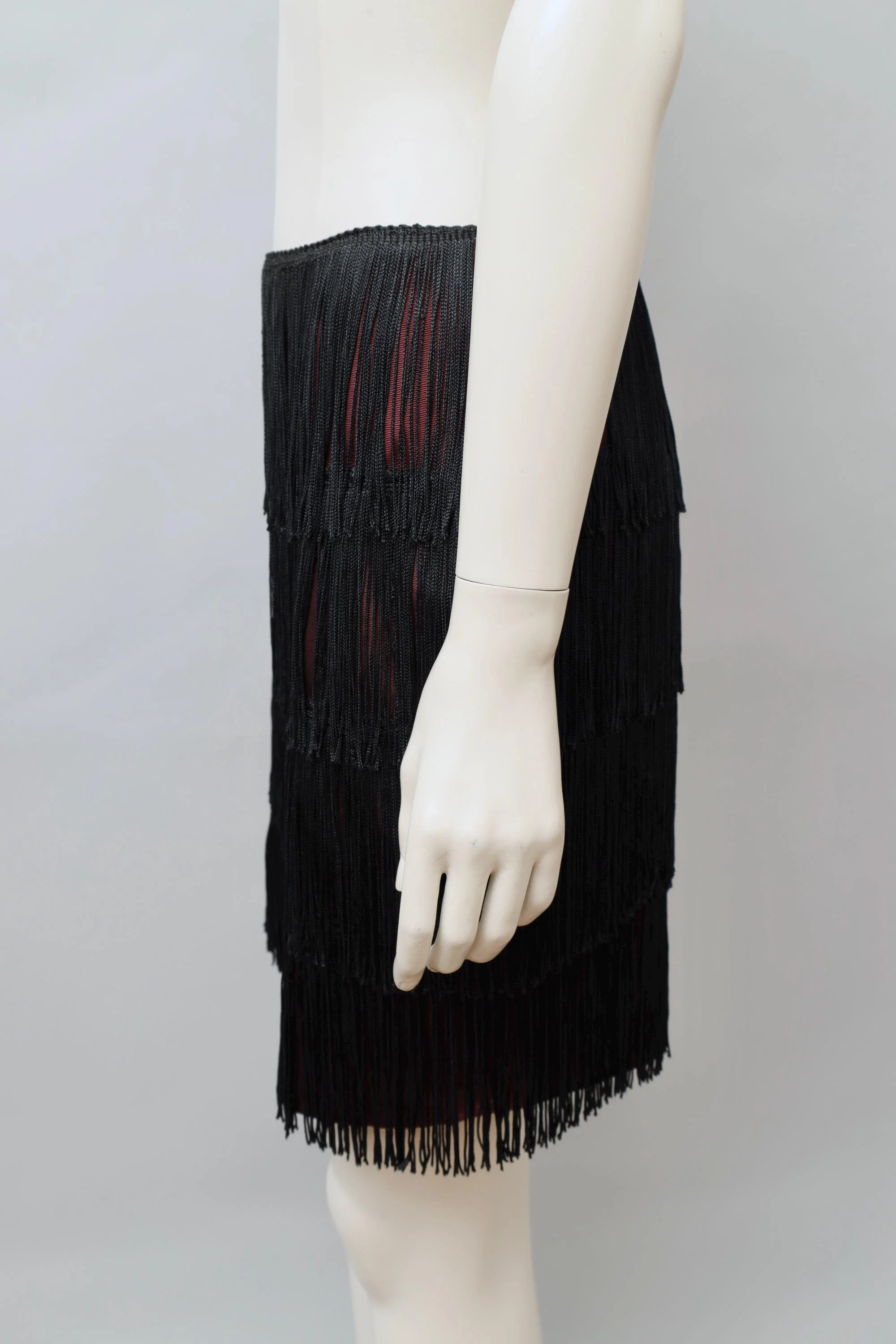 early 1980s OMO Norma Kamali burgundy sateen black fringe skirt