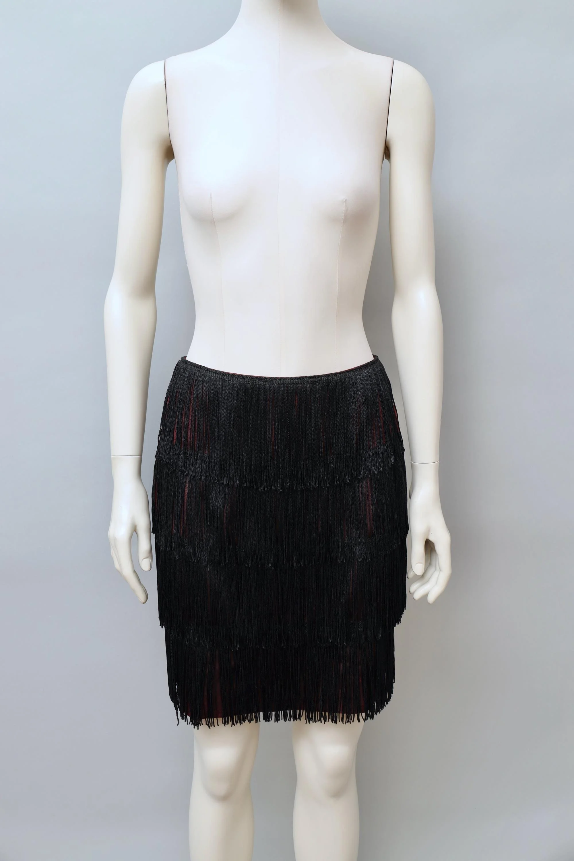 early 1980s OMO Norma Kamali burgundy sateen black fringe skirt